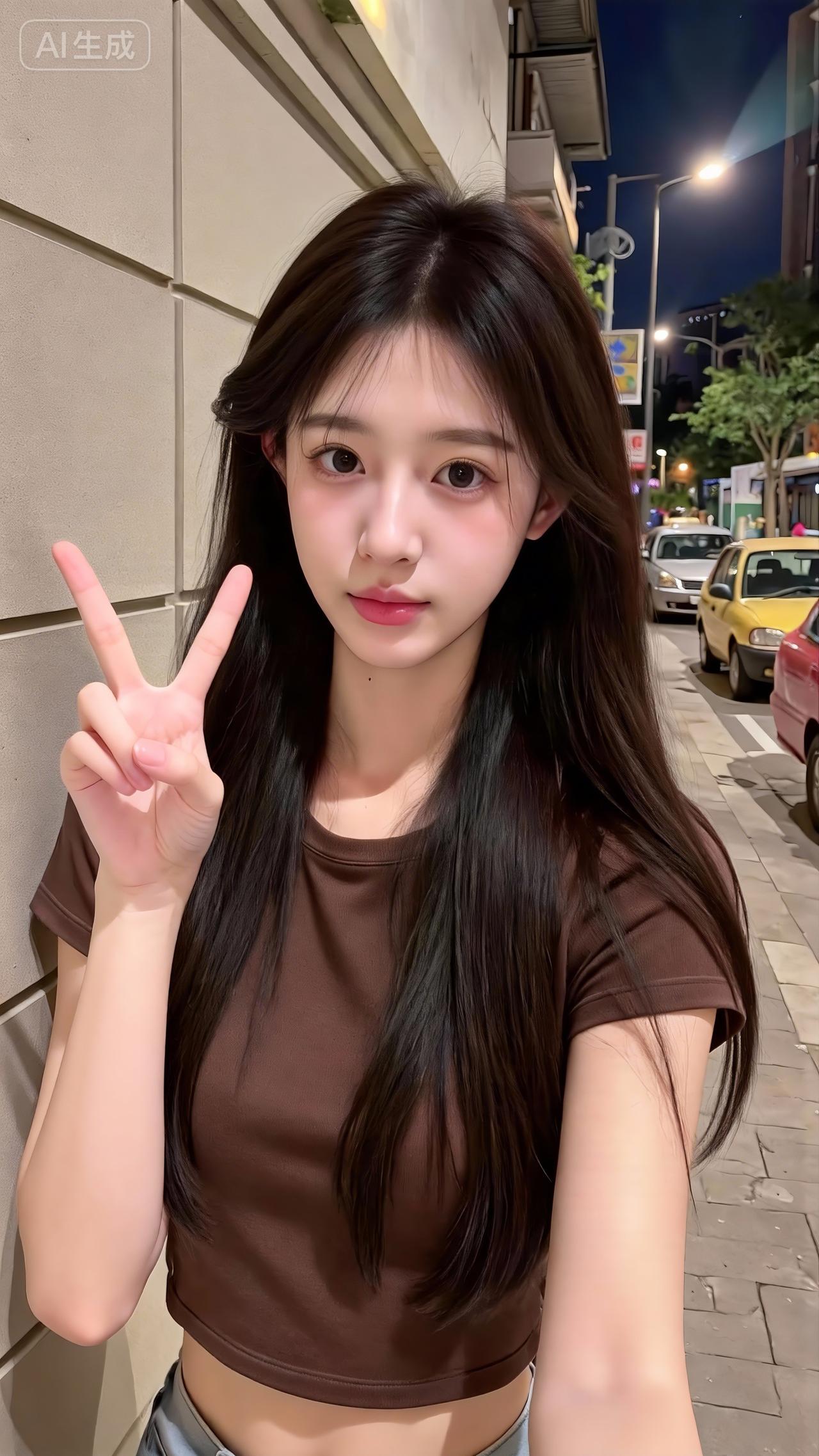 夜街暖光里，棕褐短衫衬出清瘦腰线，长发松松垂着，她一笑，连晚风都软了下来。温柔风