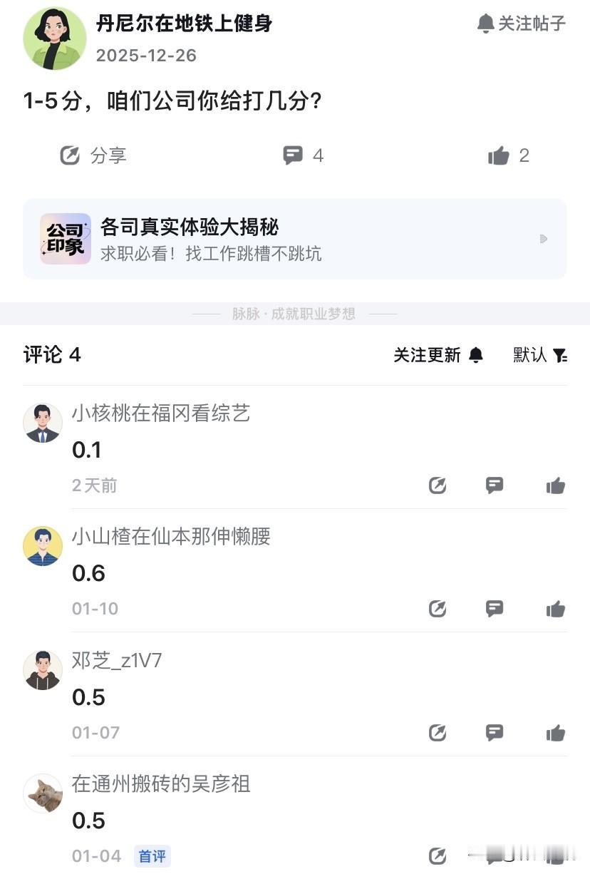 1-5分，咱们公司你给打几分？
这是一个职场牛马对自己公司同事发出的灵魂拷问。看