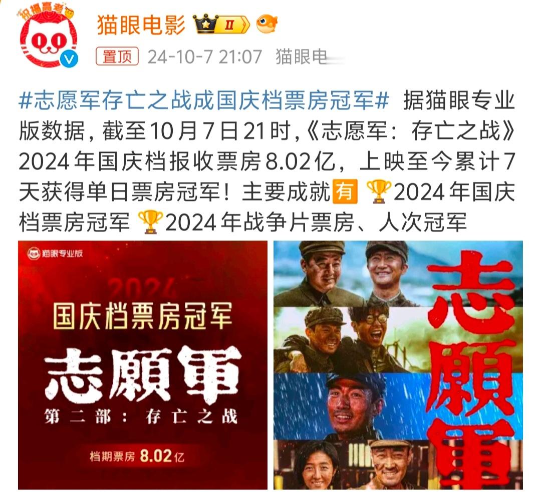 #志愿军存亡之战成国庆档票房冠军# 确实好看，不知道看什么的兄弟们可以去看看[哈