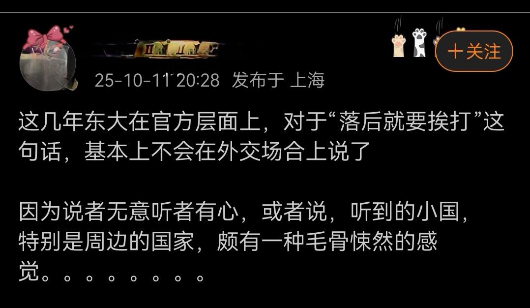 这位大V的理解还是太肤浅。根本没有任何小国因为“落后就要挨打”而怕中国强大。恰恰