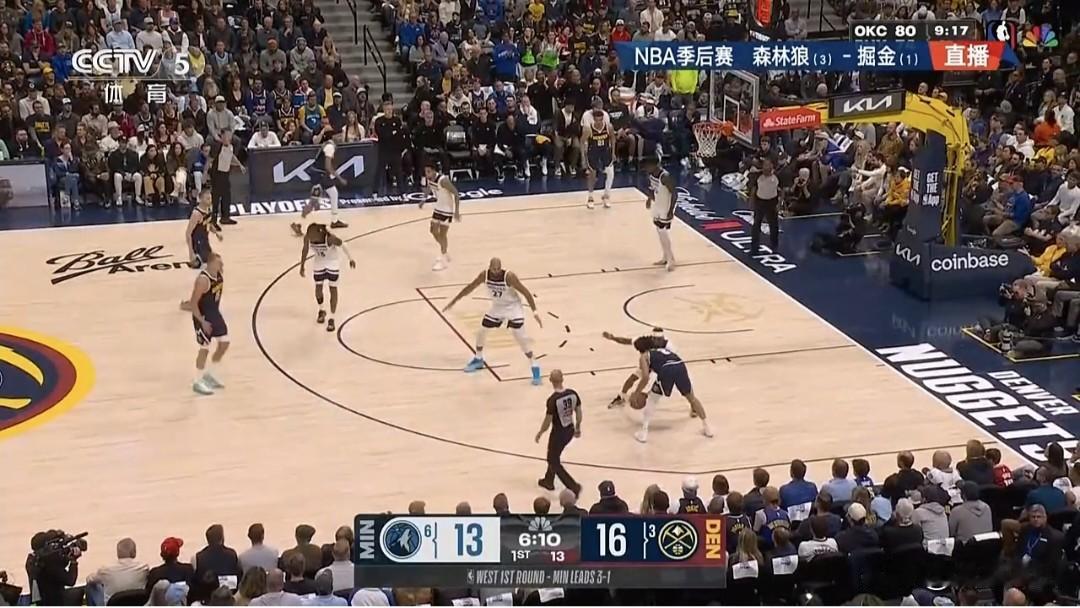 NBA季后赛（第五场）主场作战的掘金上半场领先森林狼9分。
  北京时间4月28