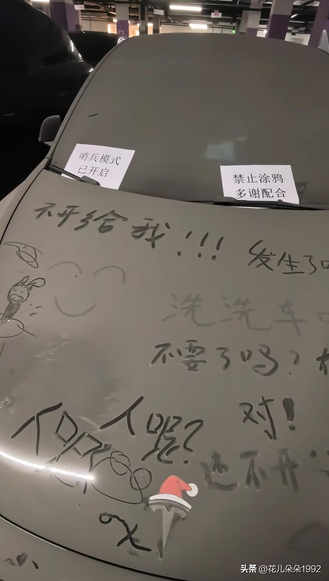 这特斯拉他即便开着哨兵，也已经没电拍不了了。估计这些在车上写字的熊孩子也是这样想