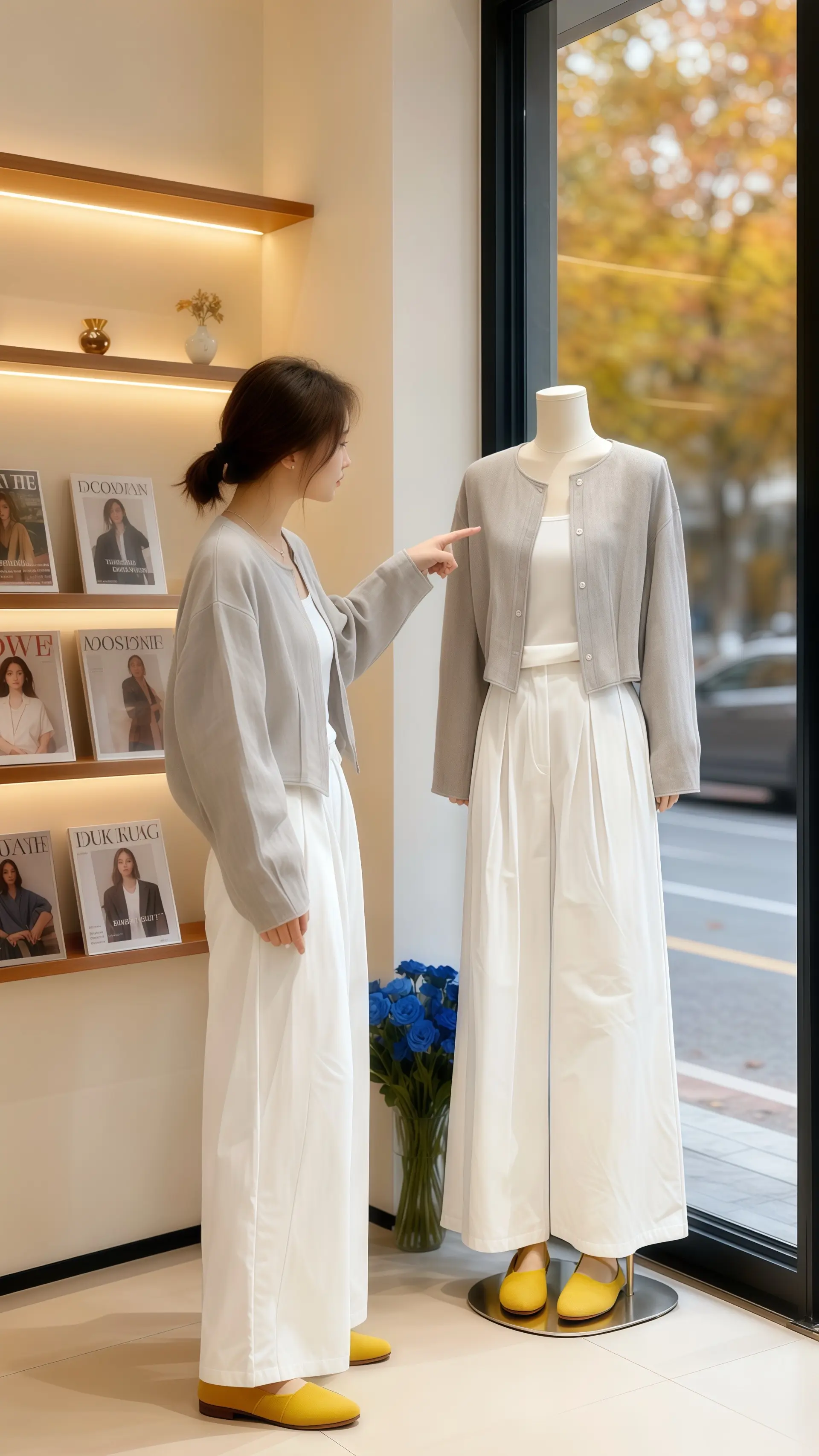 她穿着韩系休闲风三件套，浅灰开衫的随性、白色内搭的简约与阔腿裤的松弛感...