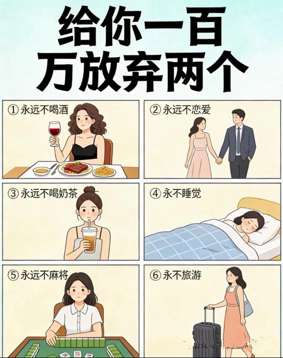 若给你一百万，让你从以下爱好里永远舍弃两项，你会如何抉择？期待您的答案。
1.不