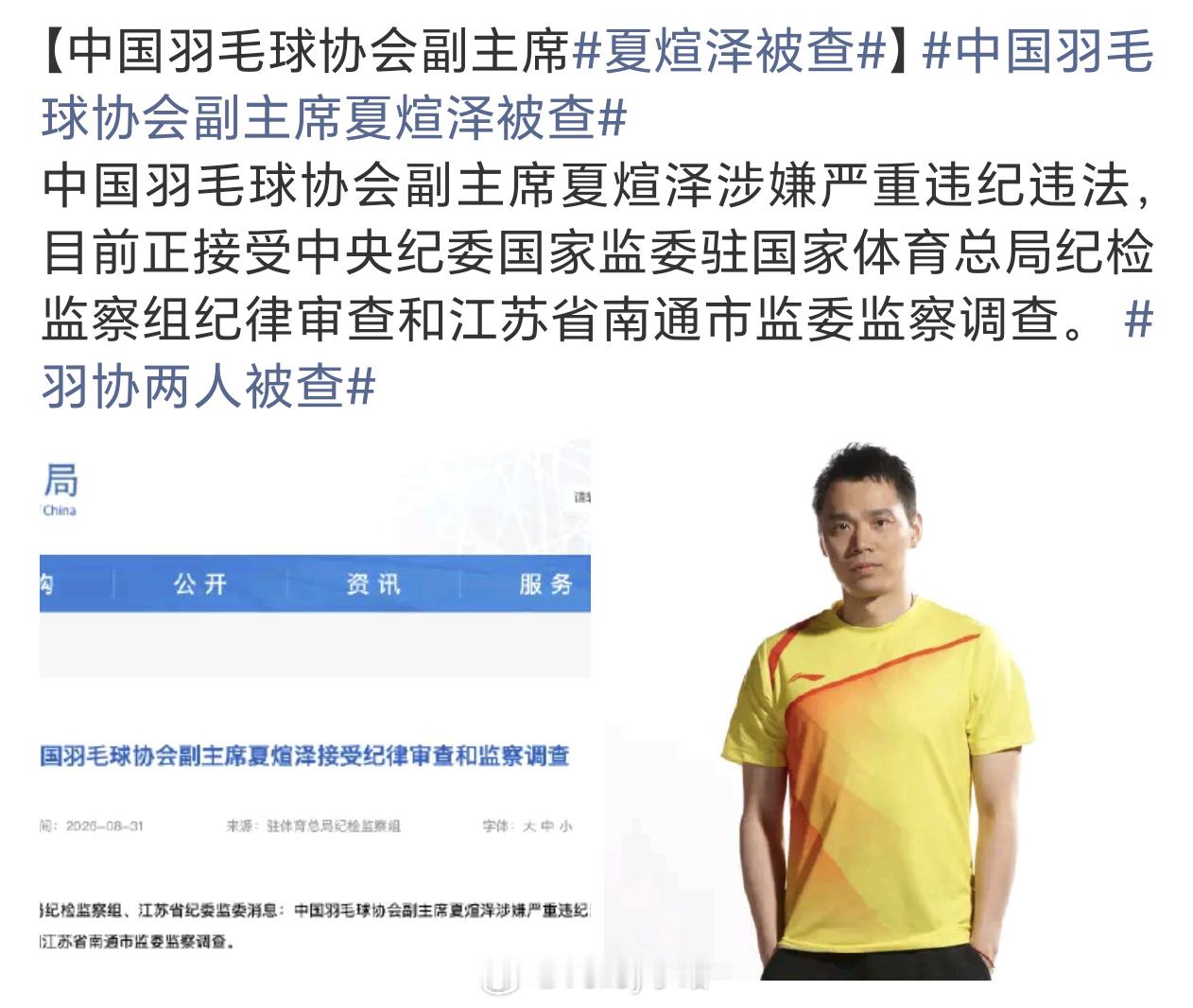 哇哦～～～【中国羽毛球协会副主席夏煊泽被查】中国羽毛球协会副主席夏煊泽被查 ​​