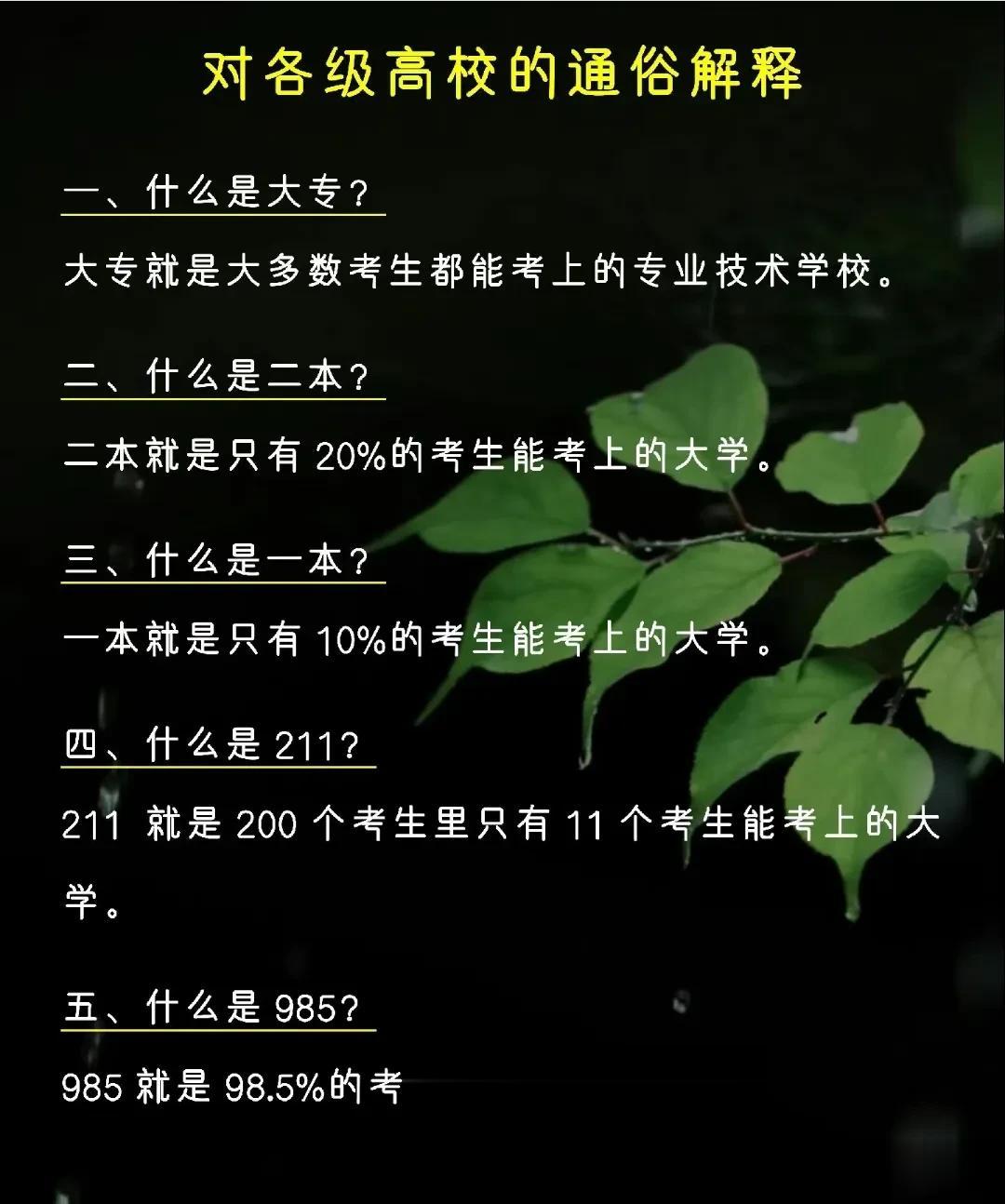 终于有人将对各级高校的通俗解释整理出来了，告诉你什么是大专？什么是二本？什么是一