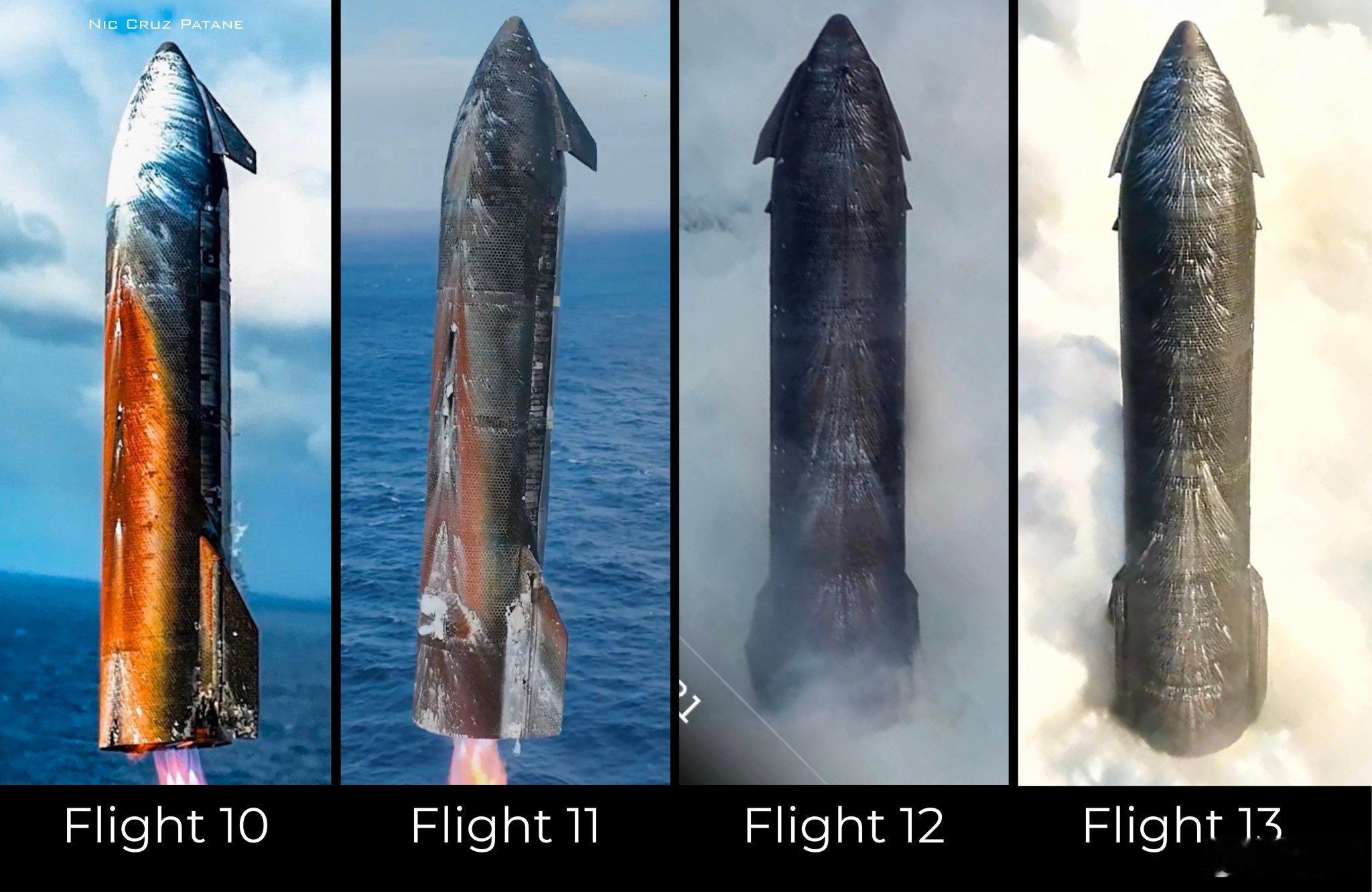 SpaceX 星舰灼烧后的“肤色”变化，感觉10和11是一个肤色，12和13是一