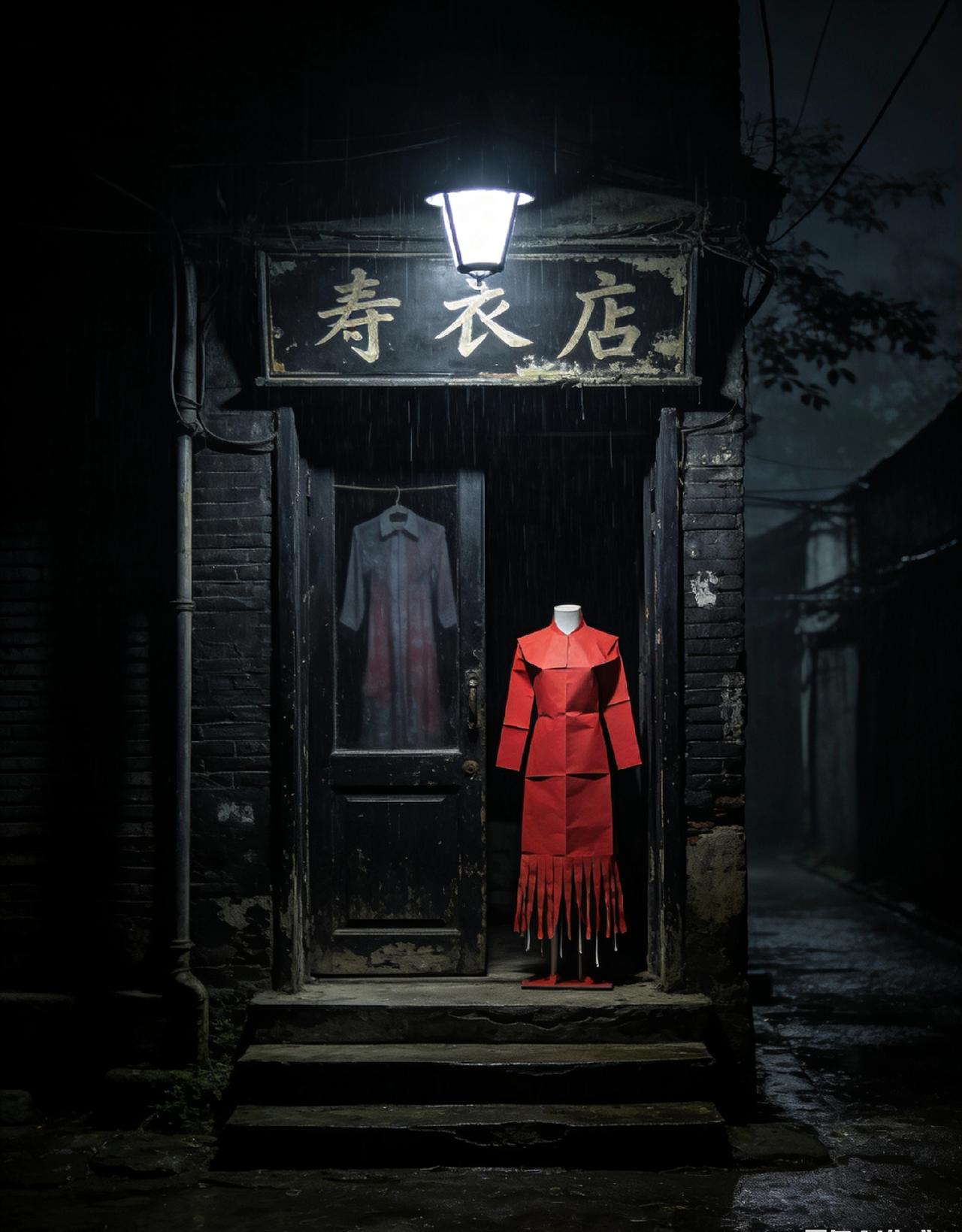 纸人借眼
 
老家镇上的废弃寿衣店，是整条街的禁忌，天一黑，连路灯都照不进那片阴