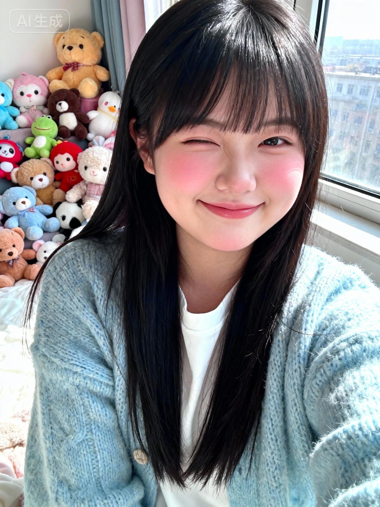 阳光明媚的一天，可爱的女孩和她的毛绒玩具们🌞🧸💕