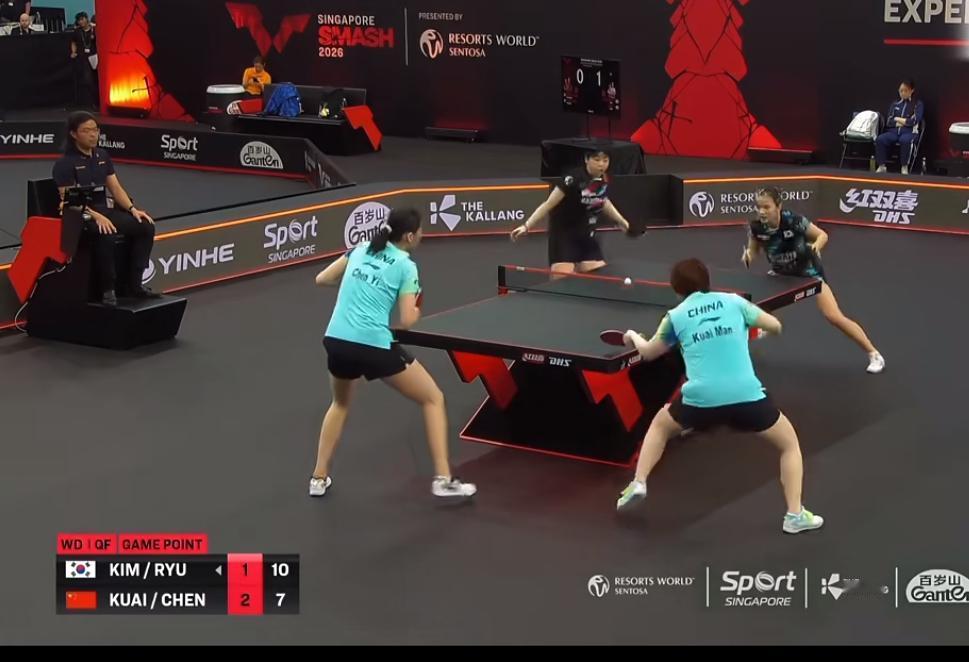 蒯曼/陈熠抽象追分3:10落后追到11:10，最后赢下比赛晋级女双四强！
对手组