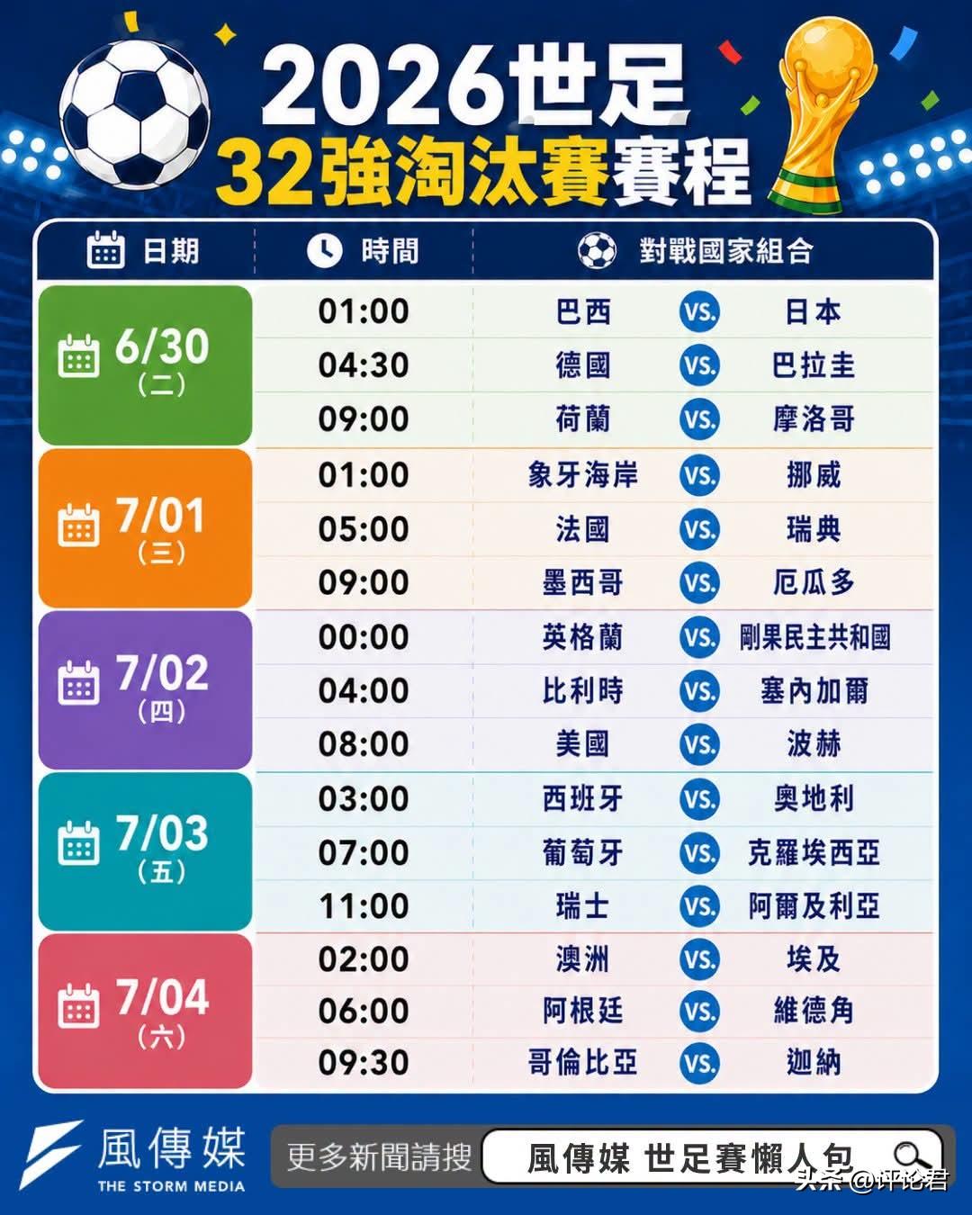 20260629大家最想看哪队比赛？快把32强赛程表存起来
【2026世足赛懒人