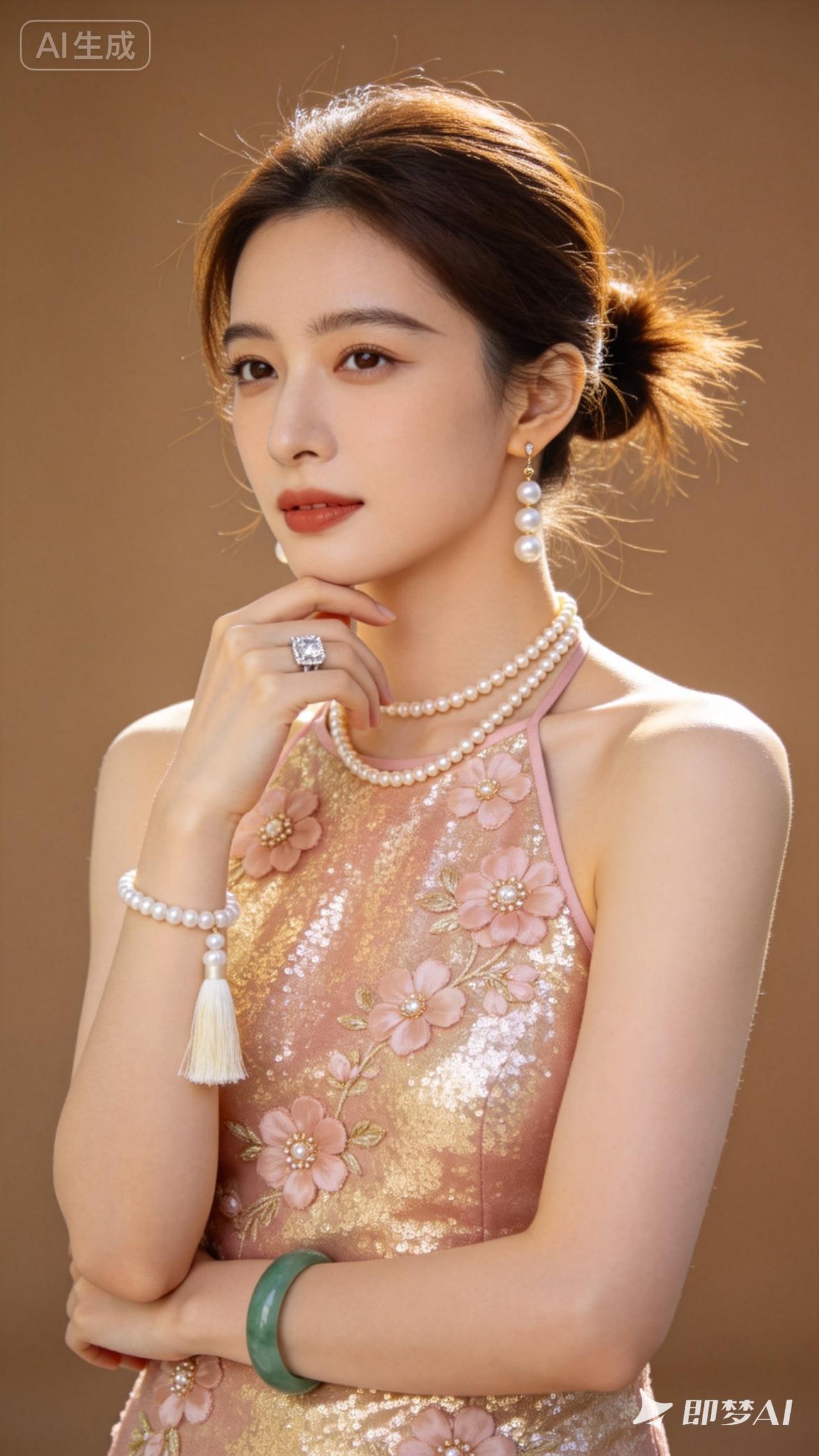 优雅气质，珍珠与花裙的完美结合，尽显女性魅力。