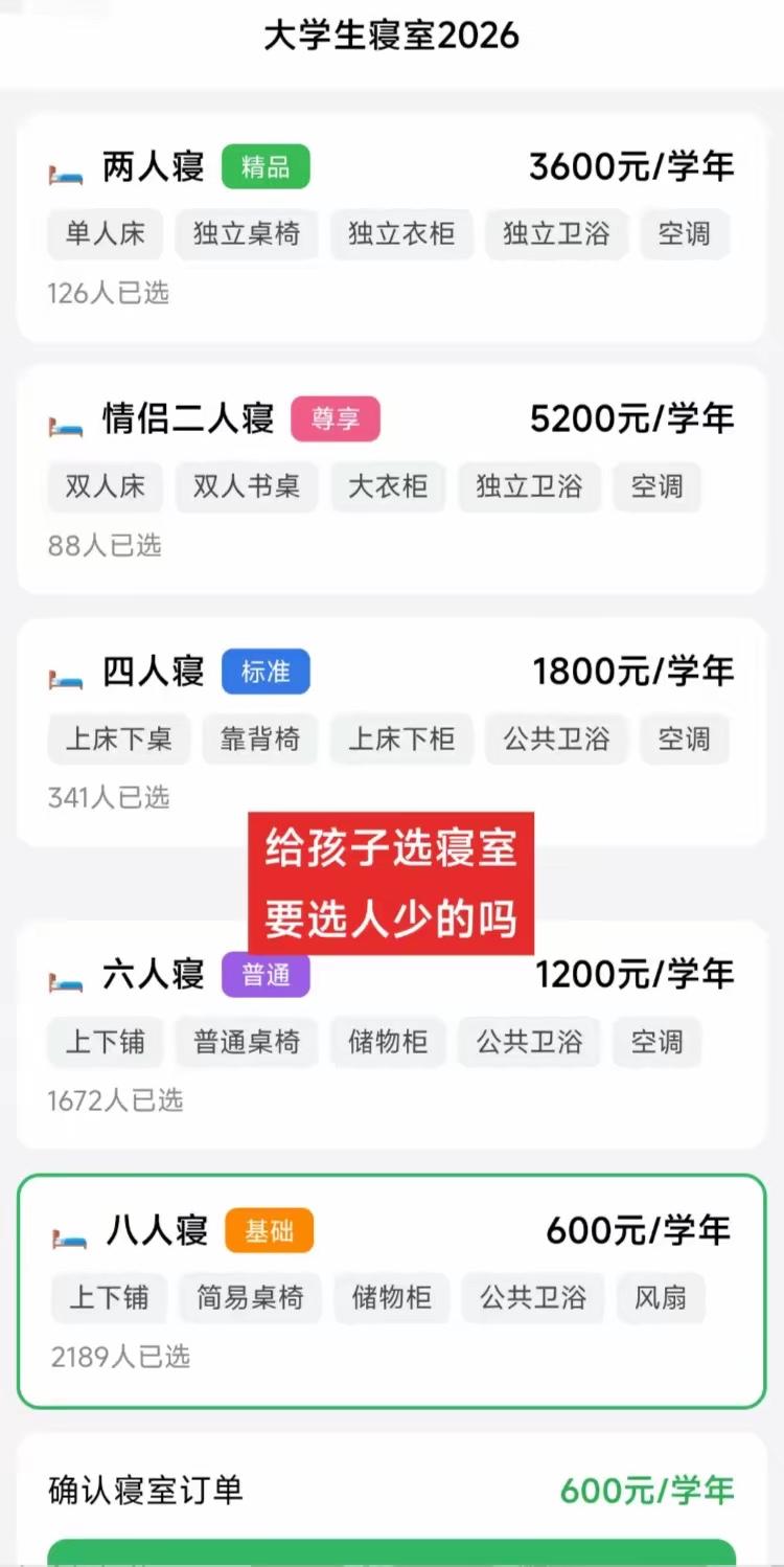 过分了吧，还有情侣二人间，你家孩子上大学你该怎么选