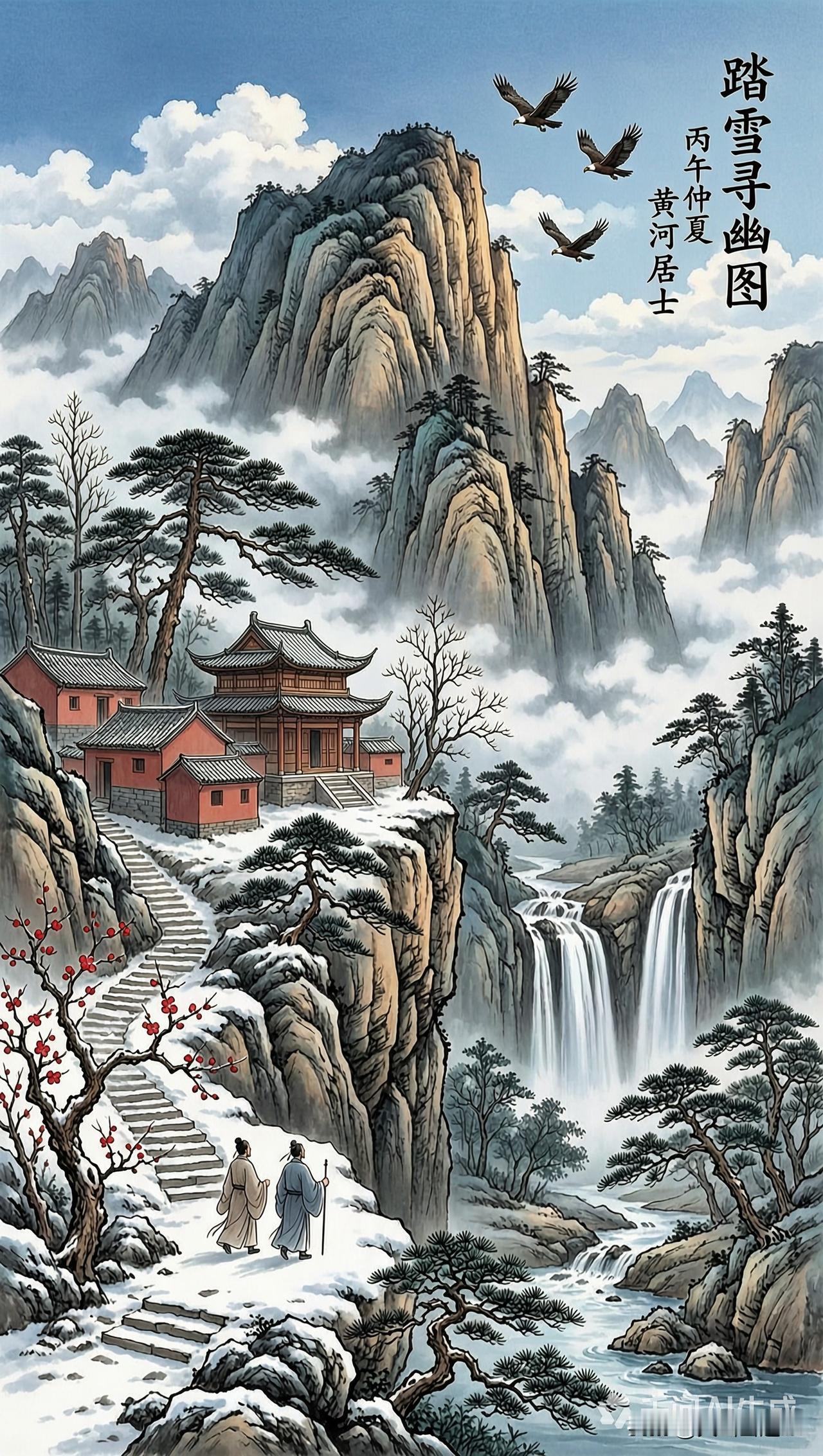 冬日美景，《踏雪寻幽图》冬天的雪景是美丽的，走进高山流水的地方，走向世外桃源，心