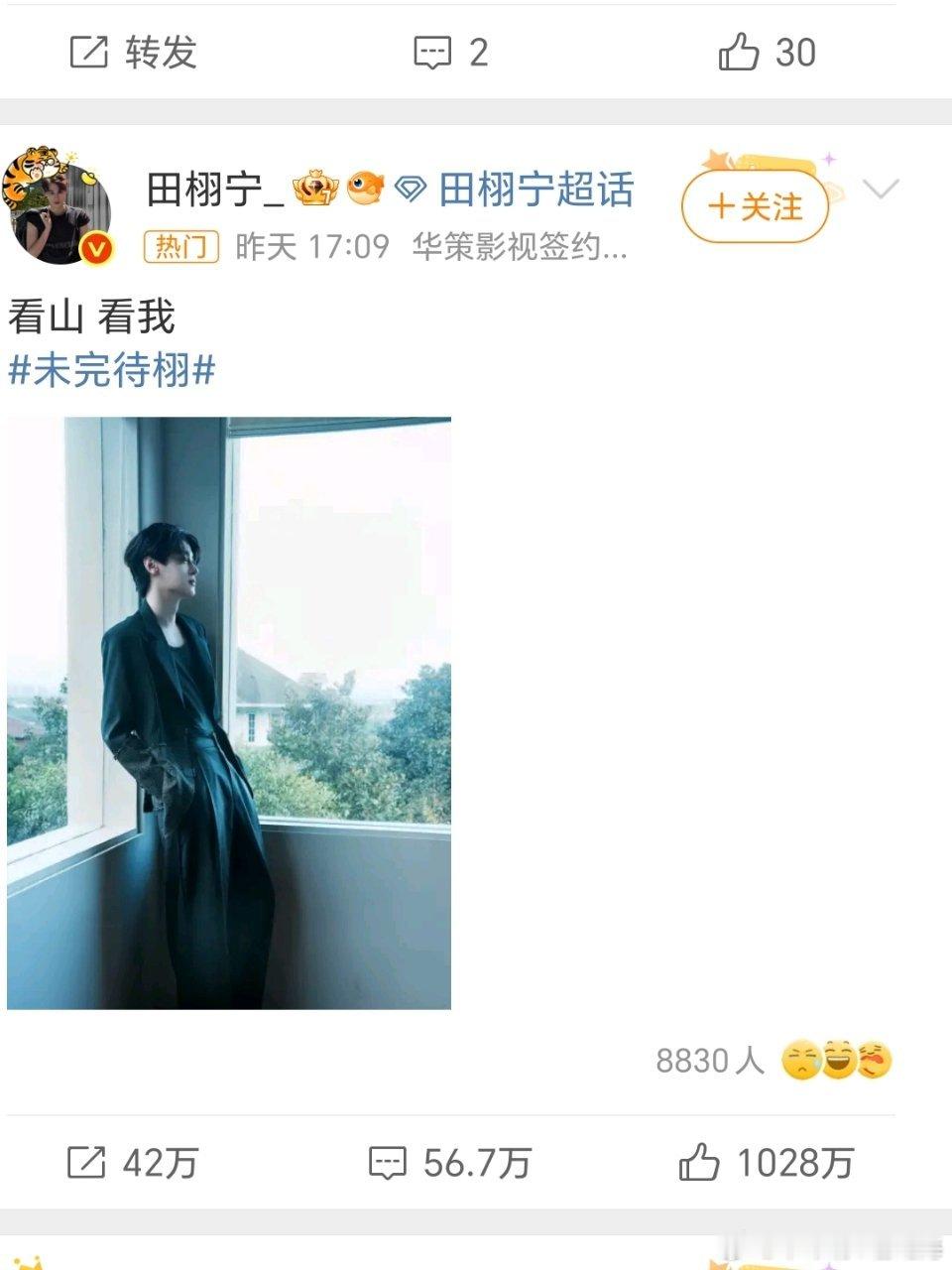 田栩宁牵手风波后首次发博“看山、看我”目前点赞已破千万，这水平怎么样？ ​​​