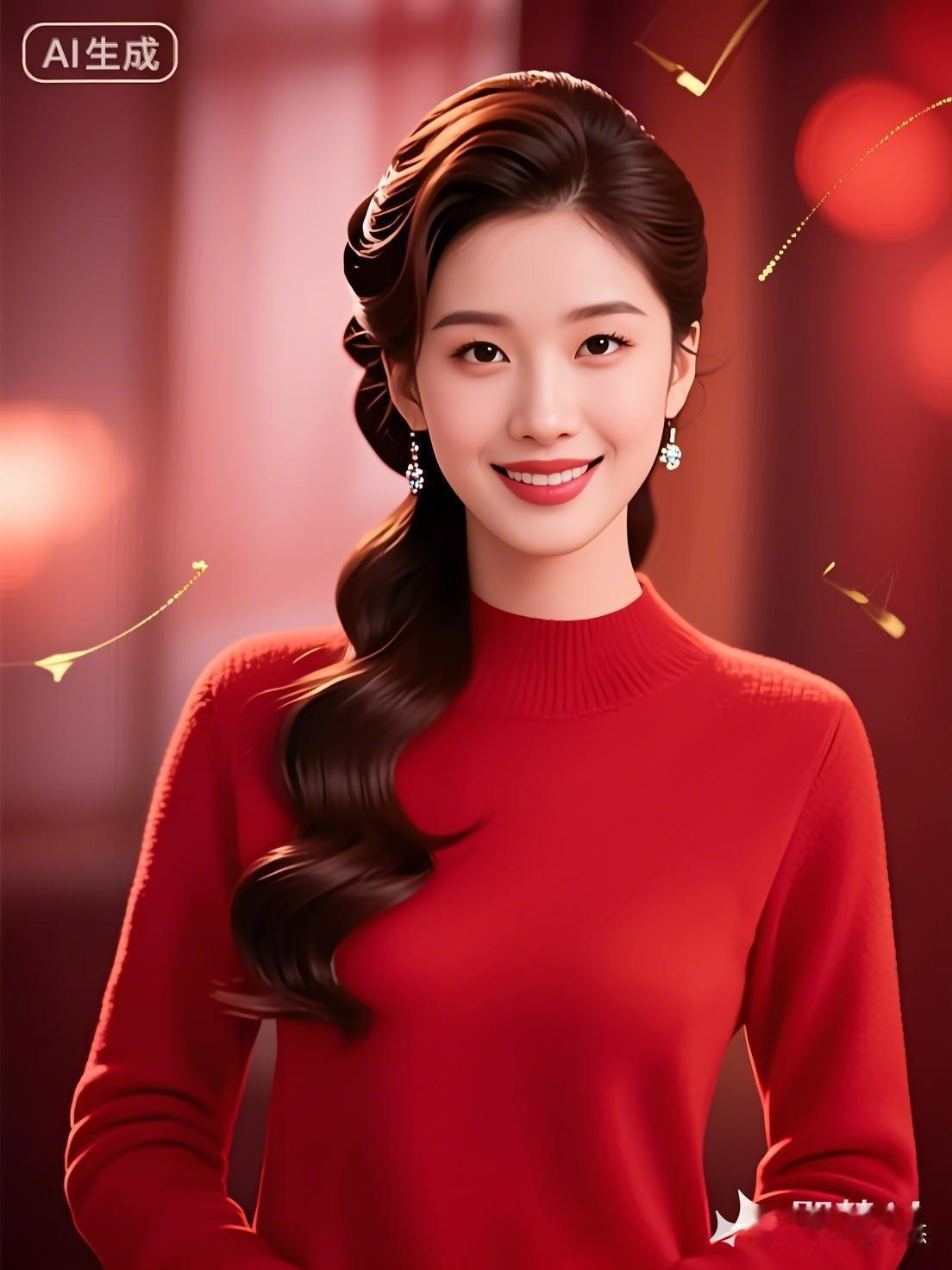 甜美微笑，红衣少女，AI生成，梦幻氛围！