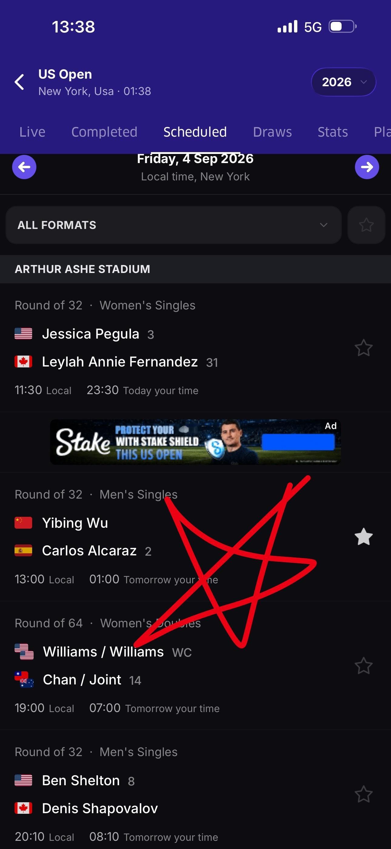 阿尔卡拉斯  ⏰北京时间明天（周六）凌晨1:00左右🇺🇸2026美网第二轮?