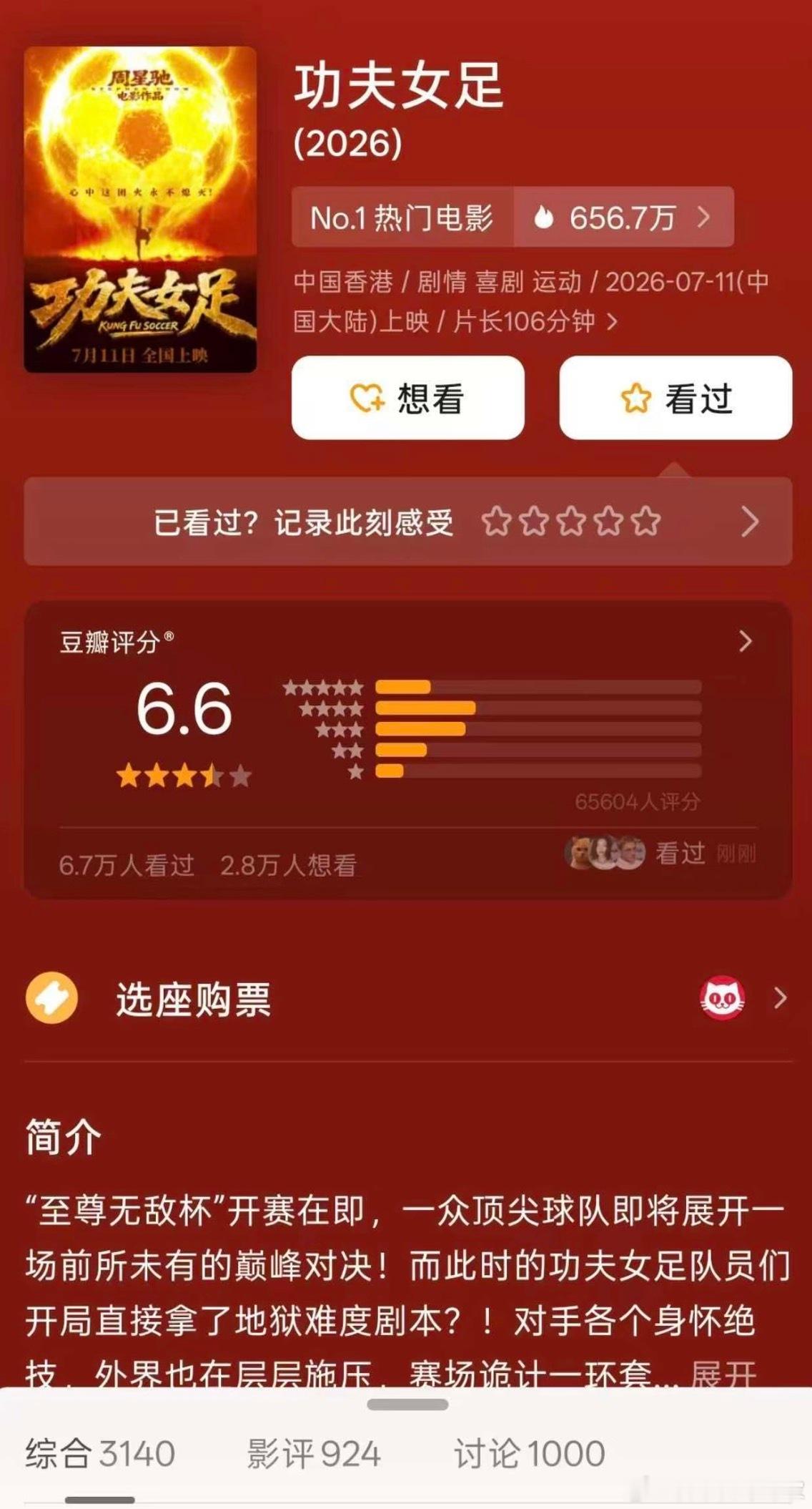 功夫女足豆瓣开分，6.6不上不下，看过的朋友来说下，这个分高了还是低了功夫女足豆