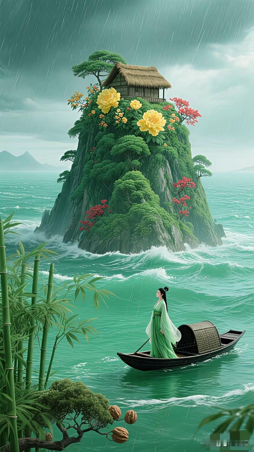 上联：孤舟一笠听春雨
下联：单人独浆沐秋风