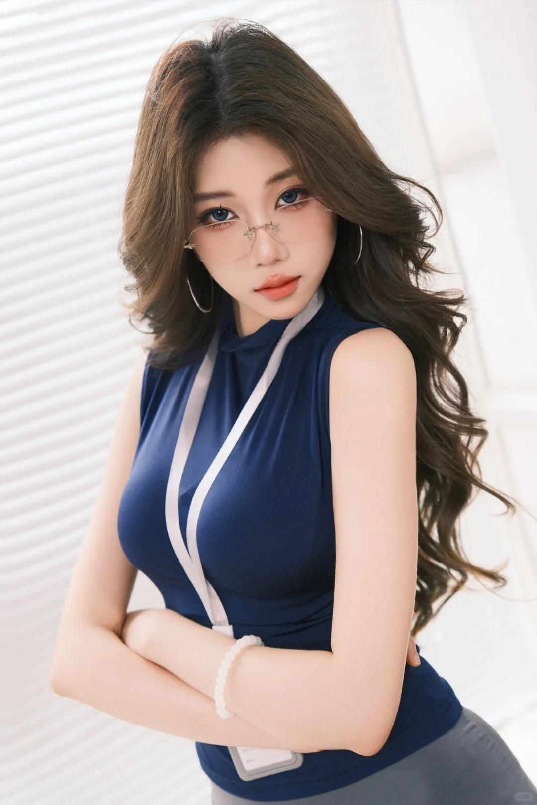 职场御姐风写真｜藏蓝无袖上衣+灰包臀裙，眼镜杀妹妹的通勤穿搭太绝了～