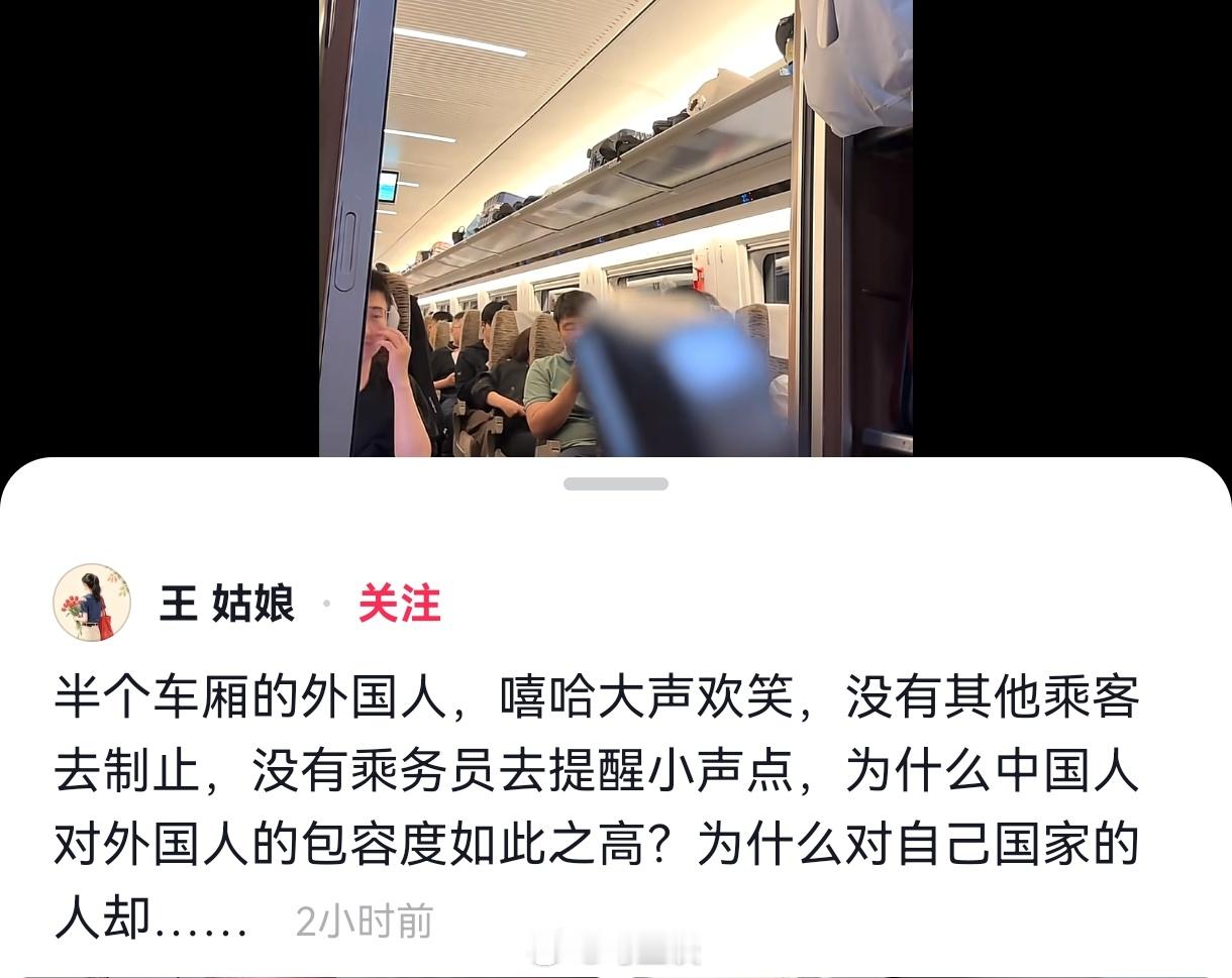 半个车厢的老外大声吵闹没人制止假如有个幼儿哭闹有人就要发癫…说明什么？说明不少人