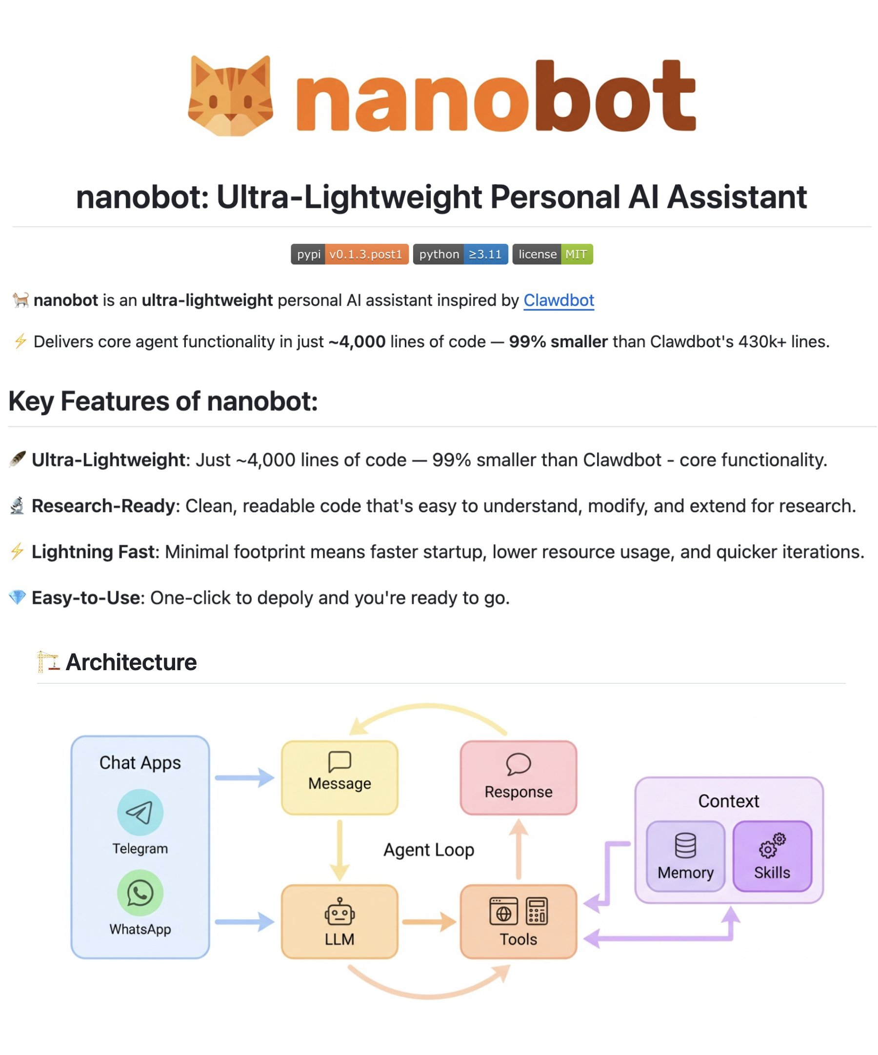 github.com/HKUDS/nanobotnanobot是一个“超轻量”的