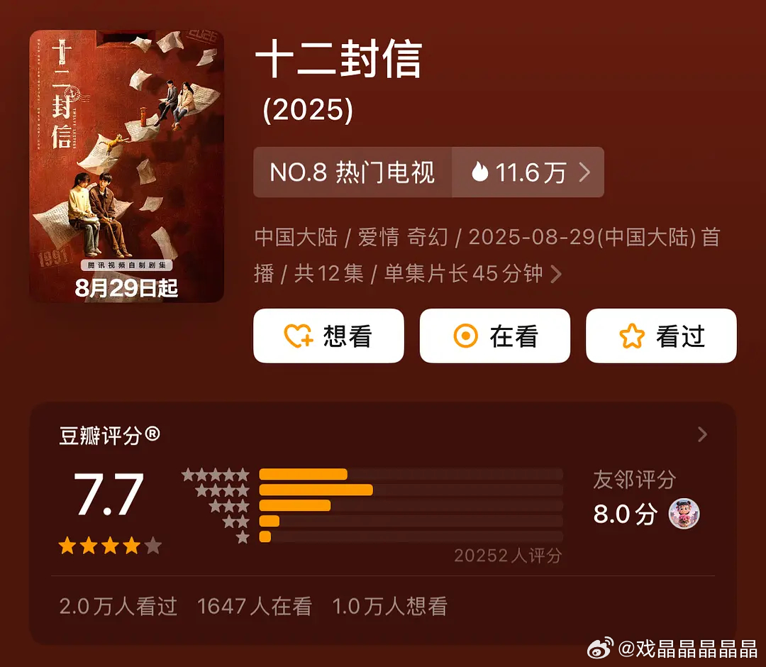 十二封信开分7.7，应该是最近口碑不错的剧 ​​​
