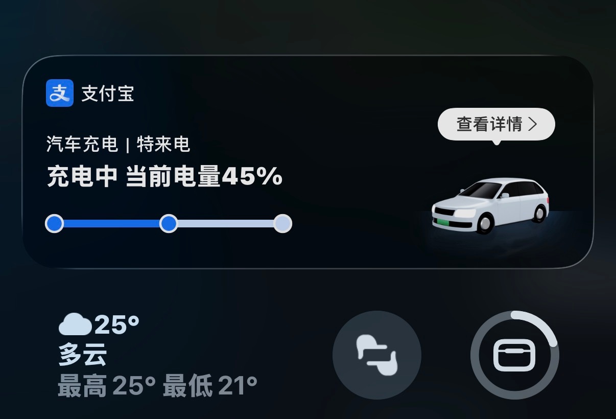 支付宝在车辆信息管理的整合做挺到位，不管是停车还是充电，有灵动岛和固定通知显示，
