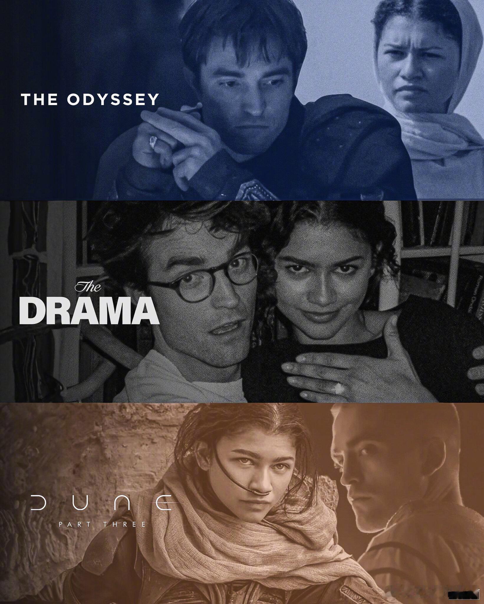 赞达亚罗伯特帕丁森26年三部新片🎬分别是《奥德赛》、《爱情抓马》和《沙丘3》。