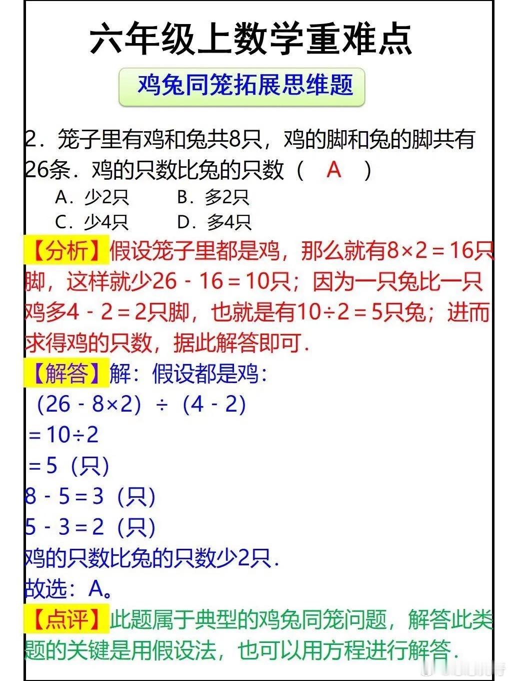 六年级上册数学必考重点，鸡兔同笼思维拓展训练题 