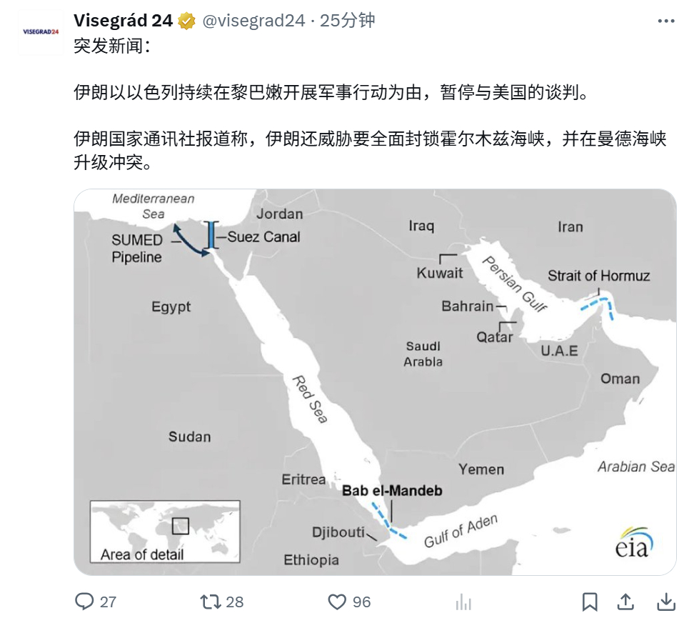 伊朗与以色列在黎巴嫩持续开展军事行动为由退出与美国的谈判 油价应声暴涨7%，日元