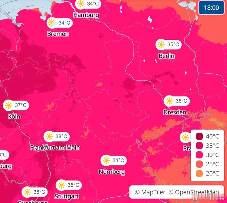 德国遭遇“热穹”逼近40℃无空调6月19日消息，德国被“热穹”暴击，周末普遍达3
