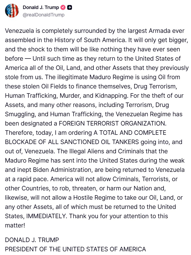 阿川宣布彻底封锁委内瑞拉海上油路。“委内瑞拉被南美洲历史上最大的无敌舰队完全包围