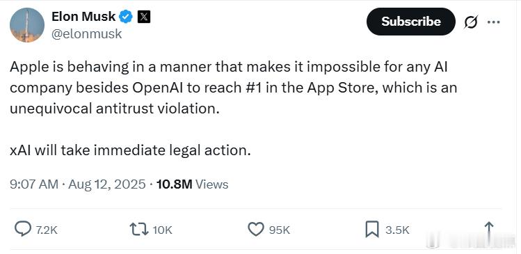 马斯克：苹果的行为方式，使得除了OpenAI之外，任何人工智能公司都不可能在Ap