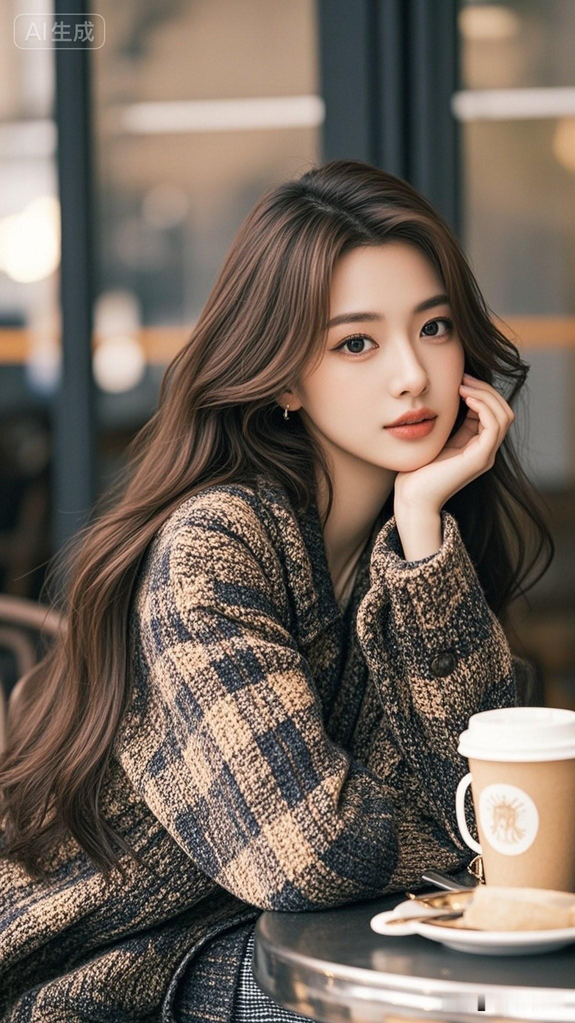 女孩坐在咖啡馆，手托着脸，看着窗外。