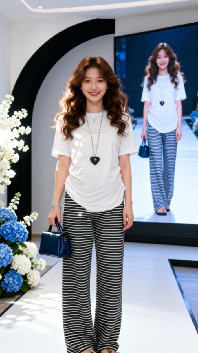 条纹的时髦 穿搭灵感制造机 横纹阔腿裤女 线上走秀 2026春夏穿搭