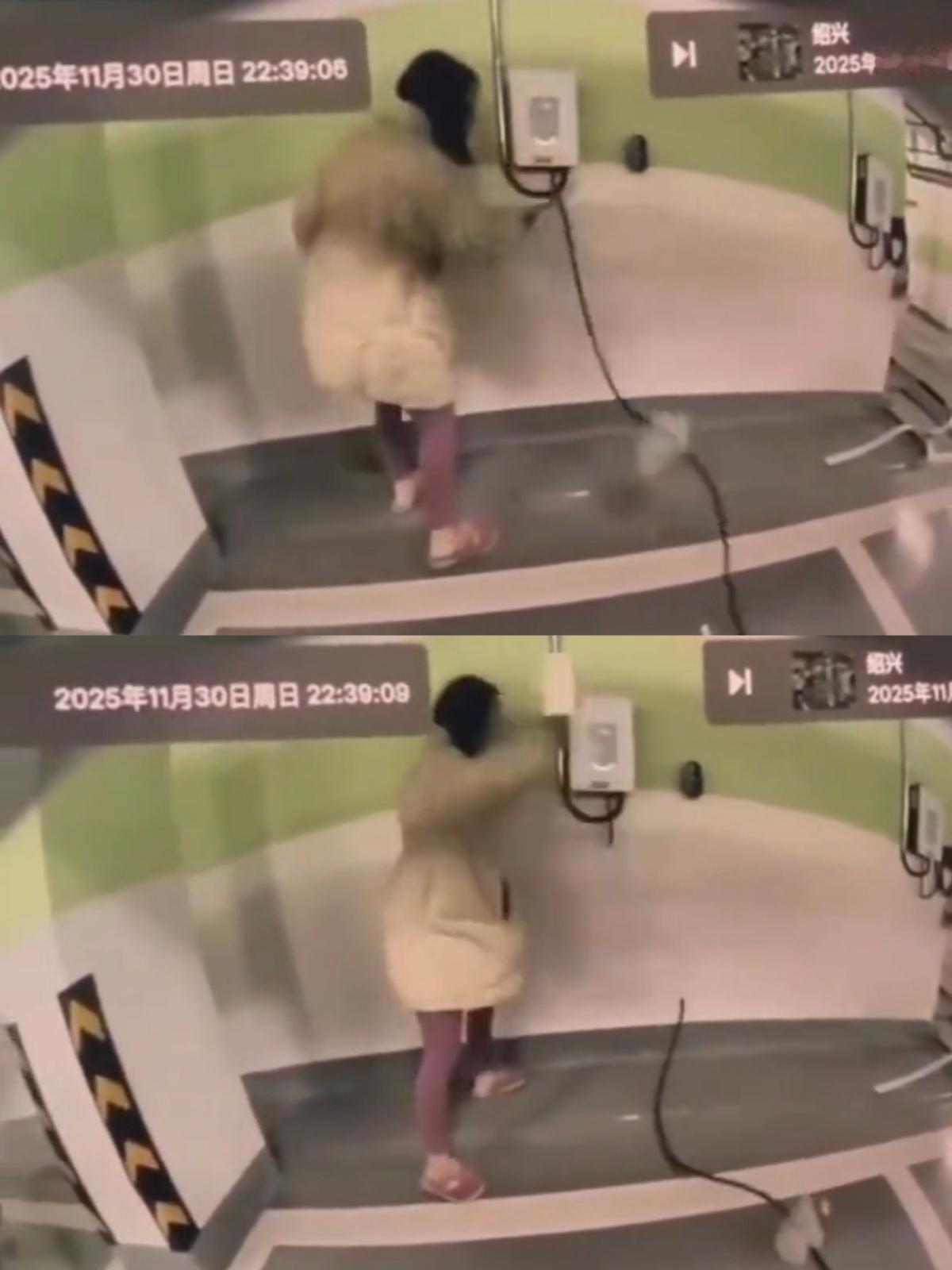 浙江绍兴一停车场，车上哨兵模式拍到个女的拿菜刀在砍充电桩的线，刀抬起来一下一下剁