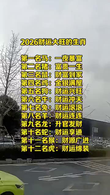 2026财运大旺的生肖。
·第一名马：一夜暴富。
·第二名猪：富贵一生。
·第三