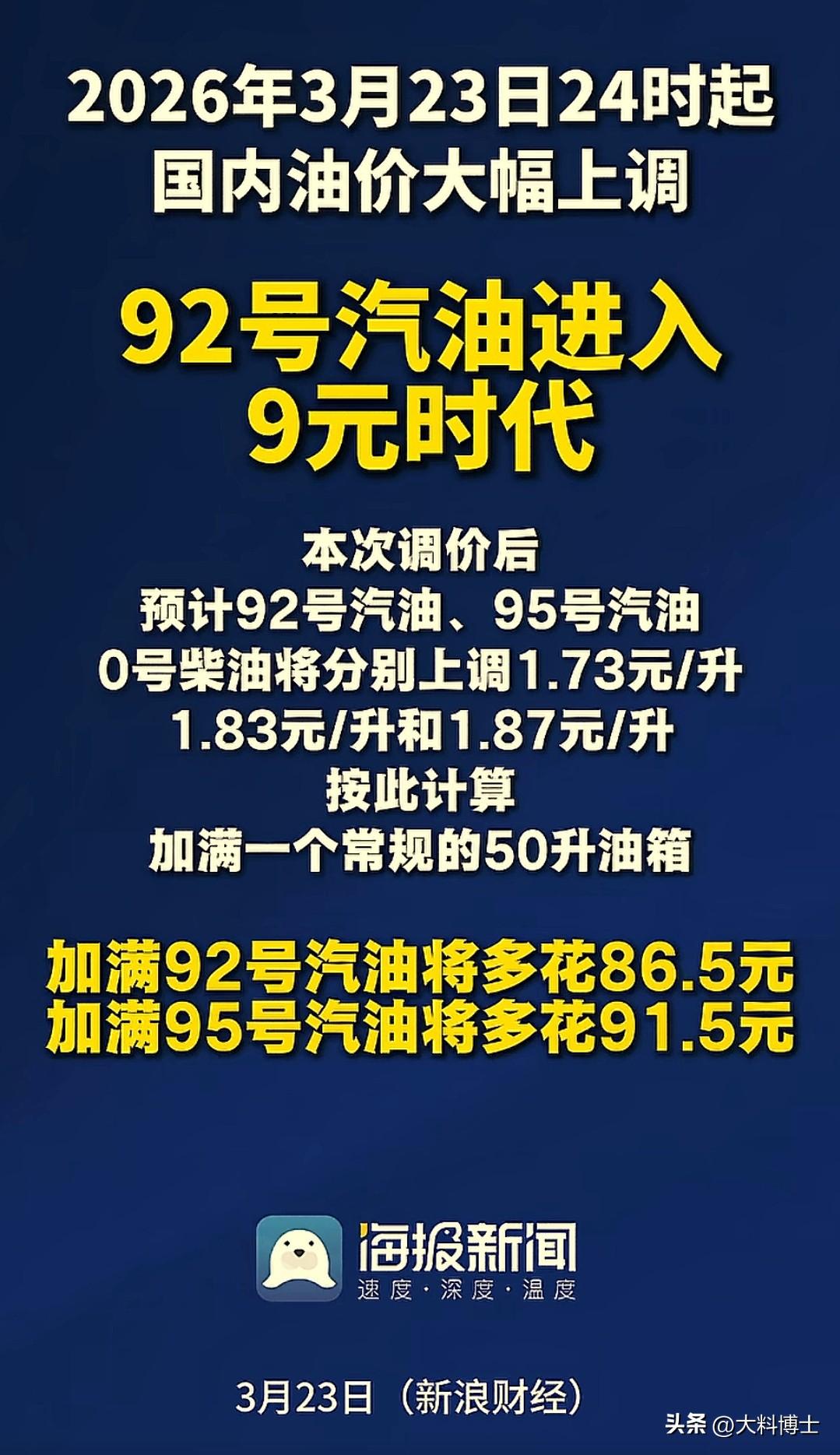 炸锅了！92号汽油迈入9元时代，加满一箱多花近百块，这次涨价要持续很久。
 
2