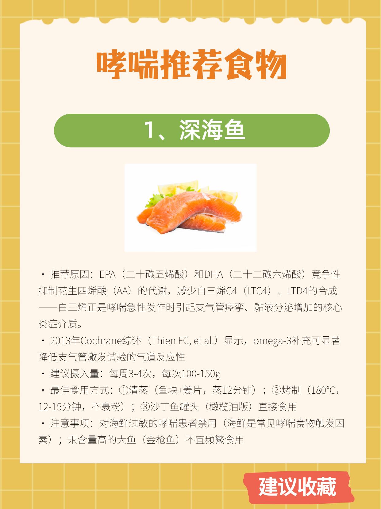 适合哮喘的8类食物
地中海饮食模式（富含鱼类、橄榄油、蔬菜、水果、坚果，低加工肉