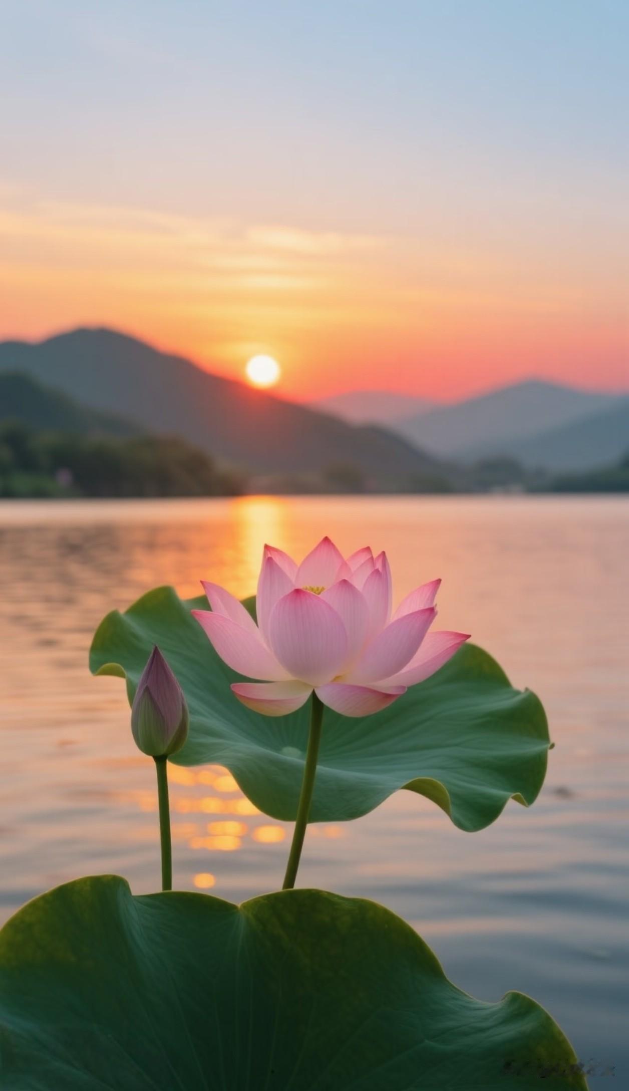 落日漫过湖面，清荷立于水波。
它扎根水底淤泥，却迎着晚霞温柔盛开，花苞静待时机，