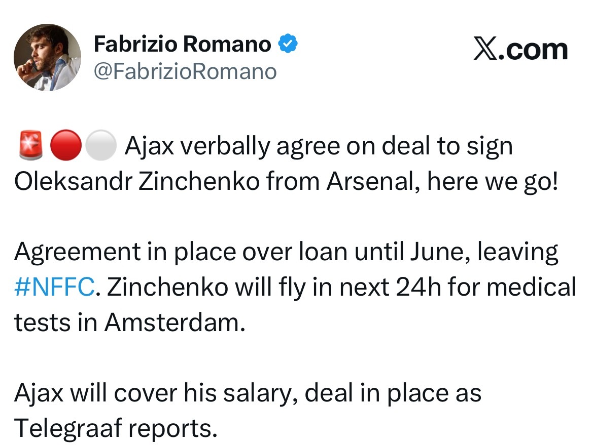 罗马诺here we go，阿贾克斯与阿森纳达成协议，津琴科转租阿贾克斯6个月，