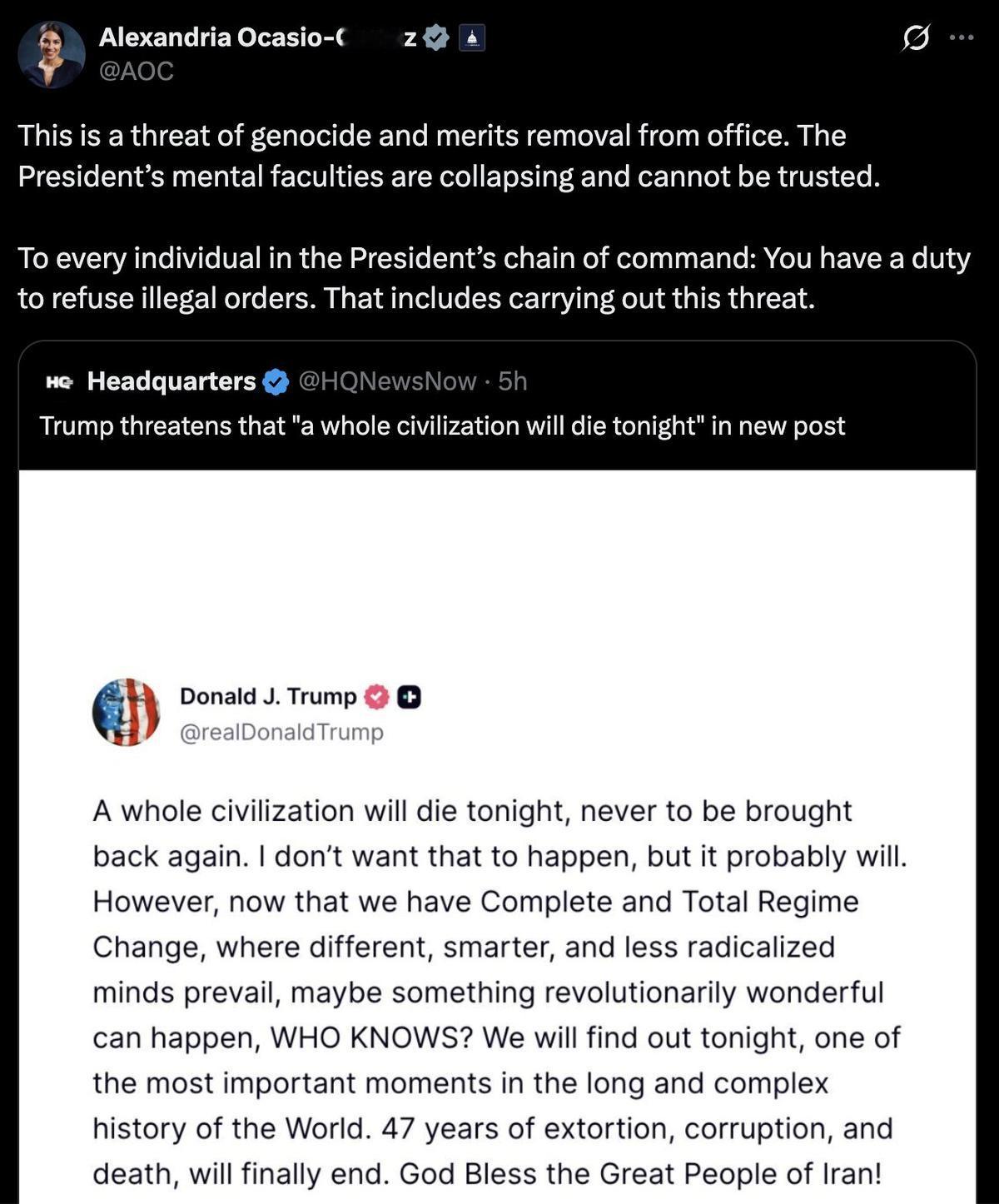 在特朗普对伊朗发出“将消灭整个文明”的威胁后，美国国会已有十多名民主党议员呼吁启