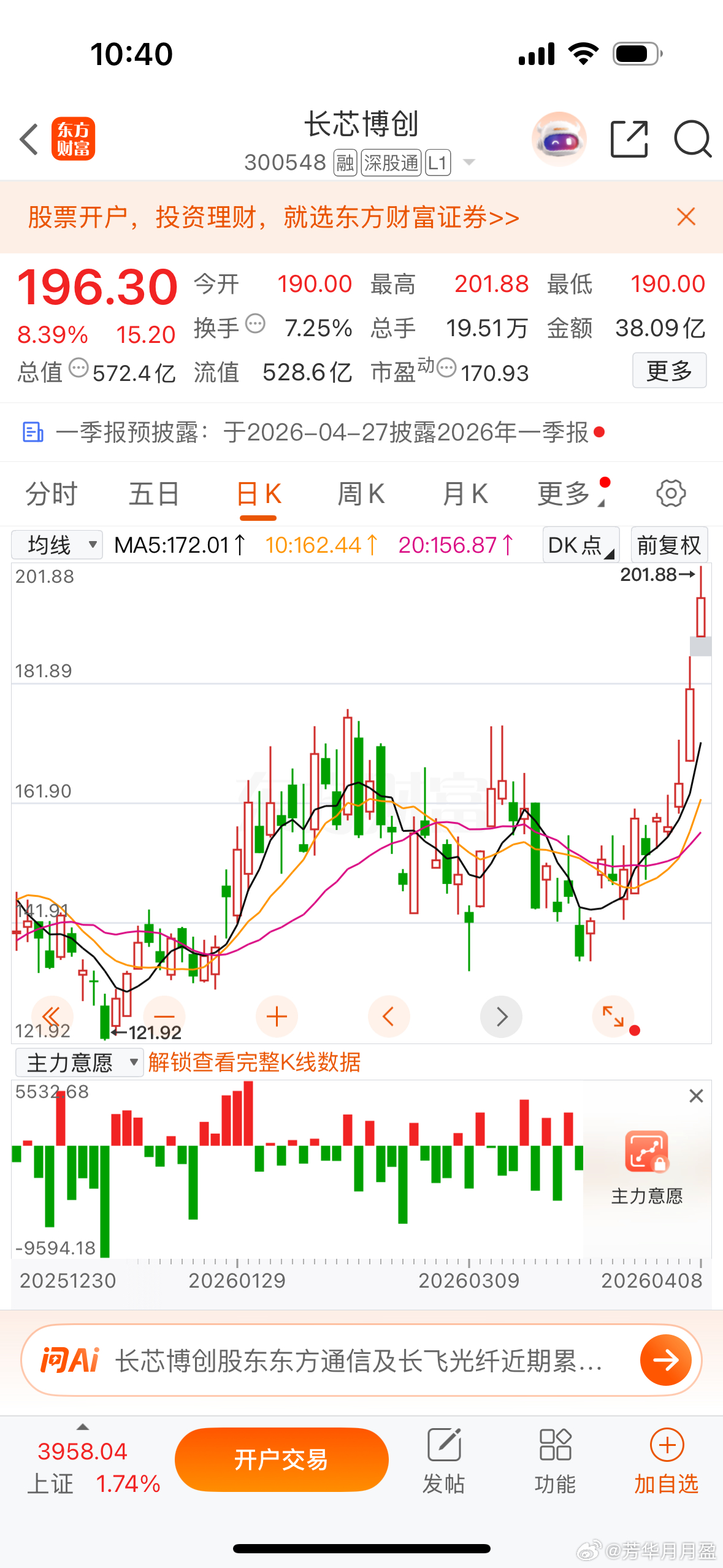 动荡期手拿强势股也是种防守，昨天是$长芯博创 sz300548$ 创历史新高，今