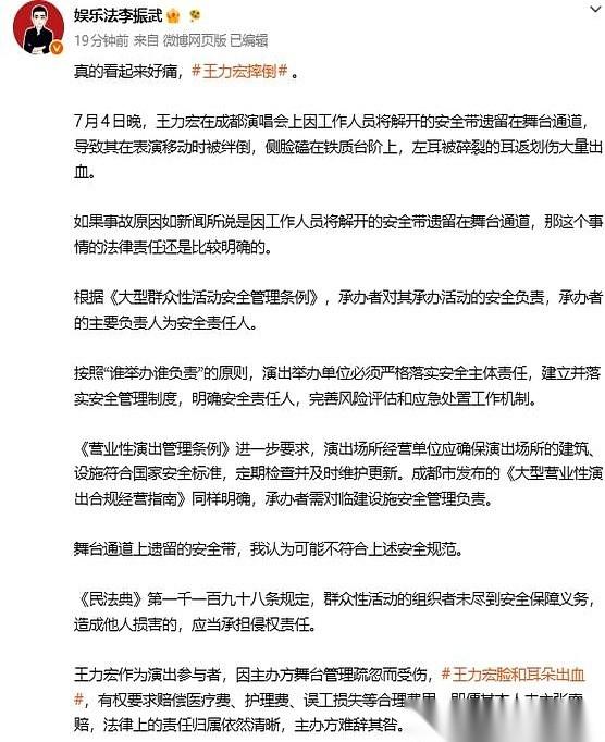 王力宏成都演唱会，灯光炫目，音乐震天响。
他正走向舞台另一侧，突然，人直接从通道