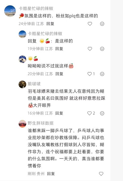乒乓球人均事业批，从运动员教练员到球迷说难听的，吵架都是在吵事业。。。。不拉踩乒