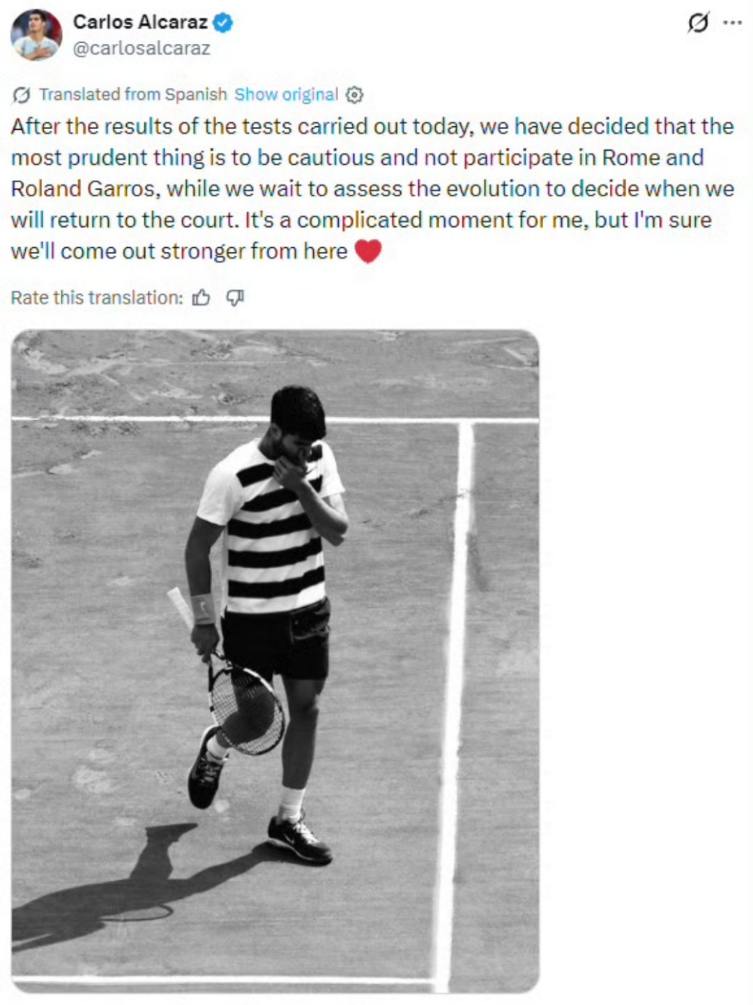 阿尔卡拉斯因伤退赛法网这个消息真的太让人震惊了，阿卡退赛法网，对于辛纳以及其他选