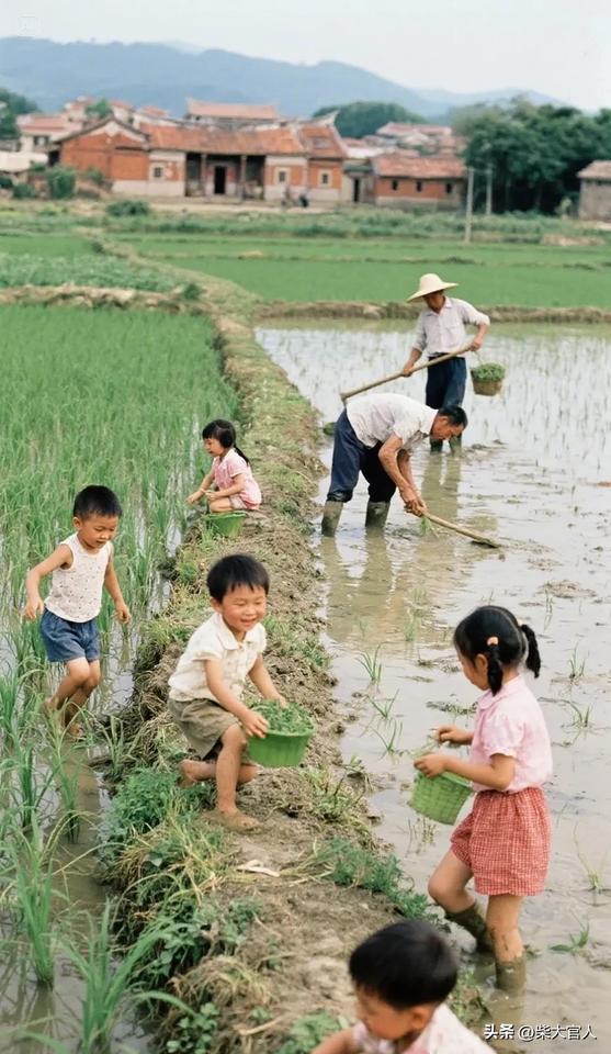 80年代的农村，大人在田里劳作，几个小孩子在田间地头玩耍