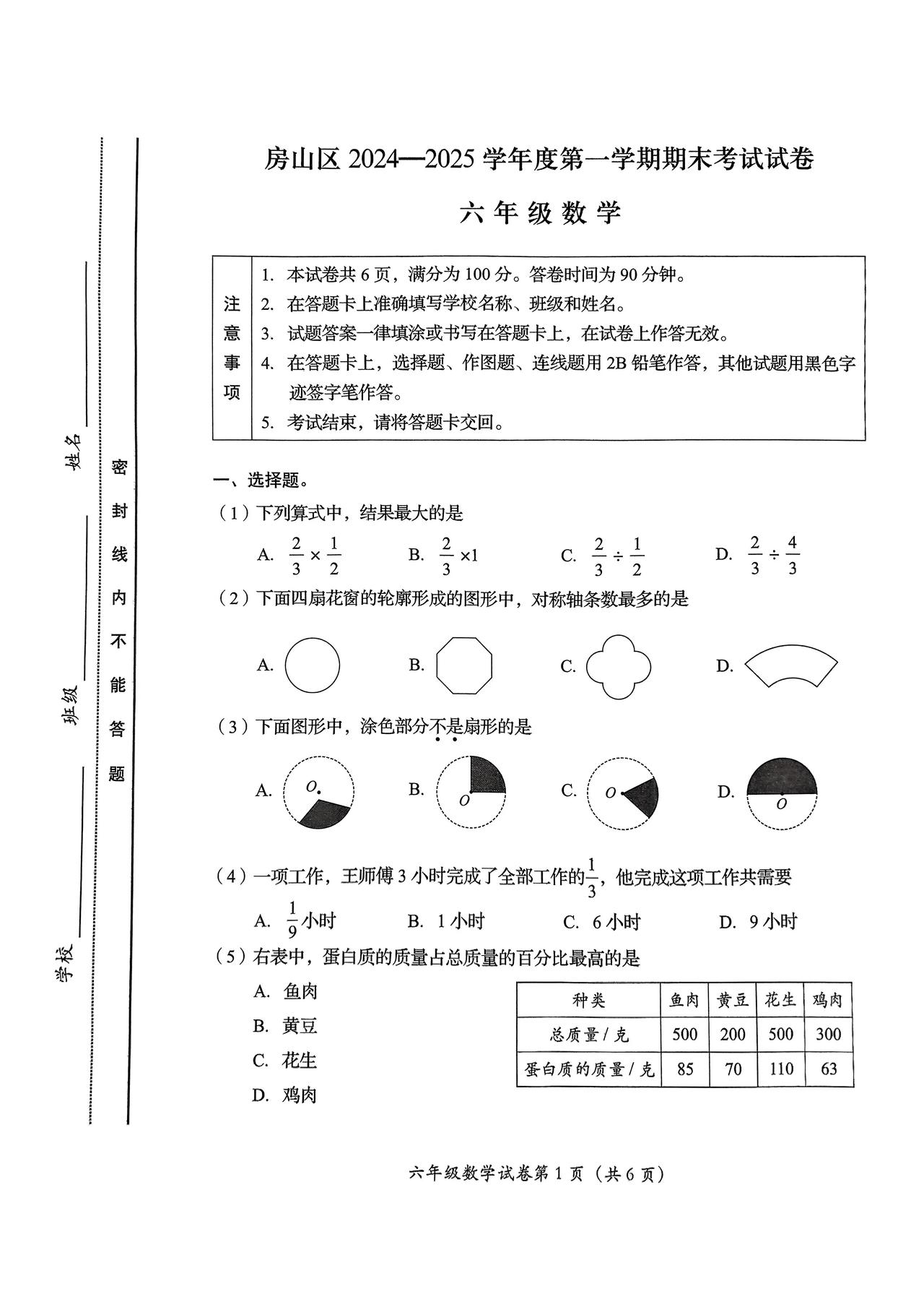北京市房山区2024—2025学年度第一学期六年级上册数学期末试卷