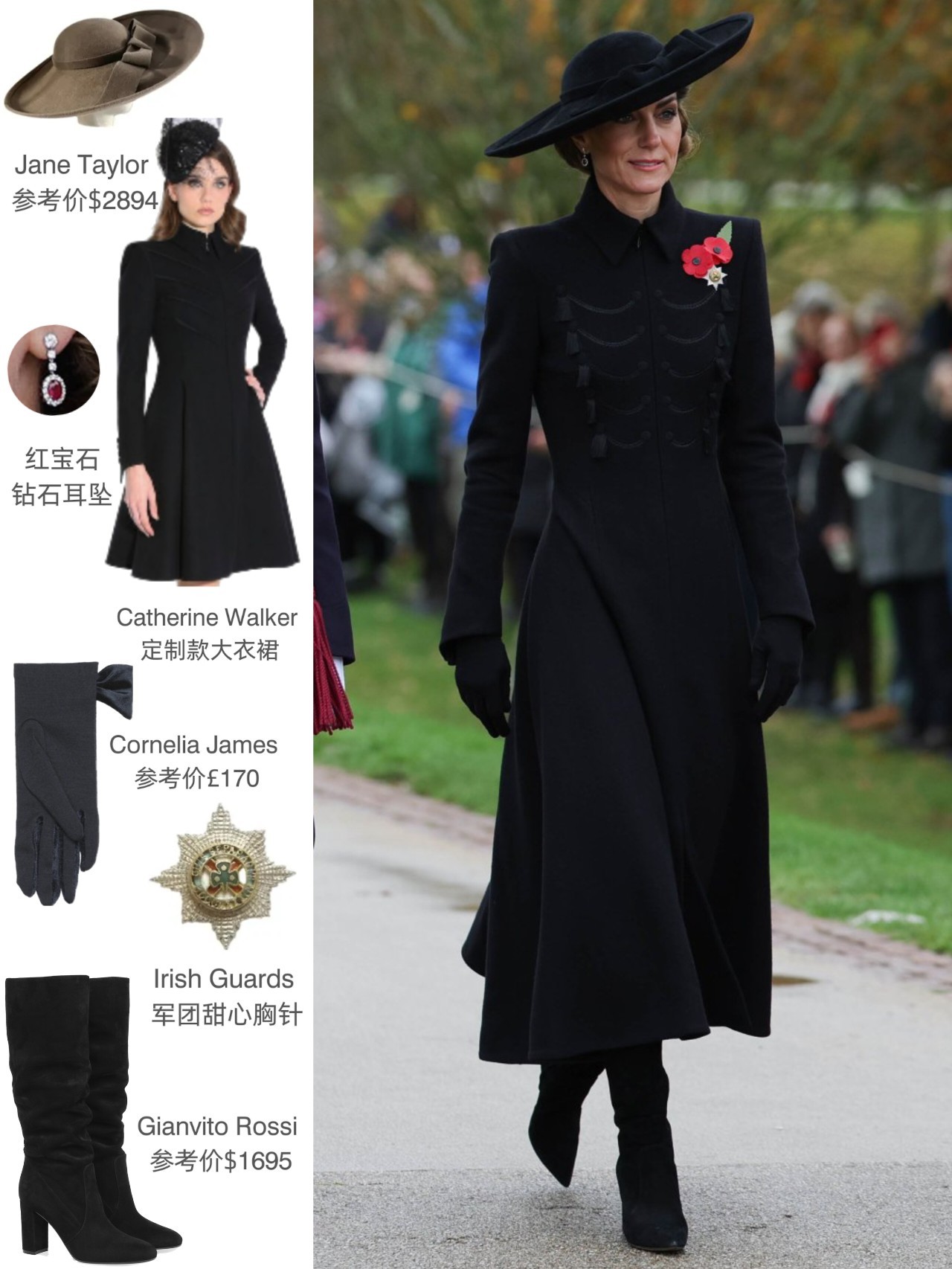 出席停战日纪念活动的LOOK~这件军装风黑色大衣裙是来自Catherine Wa